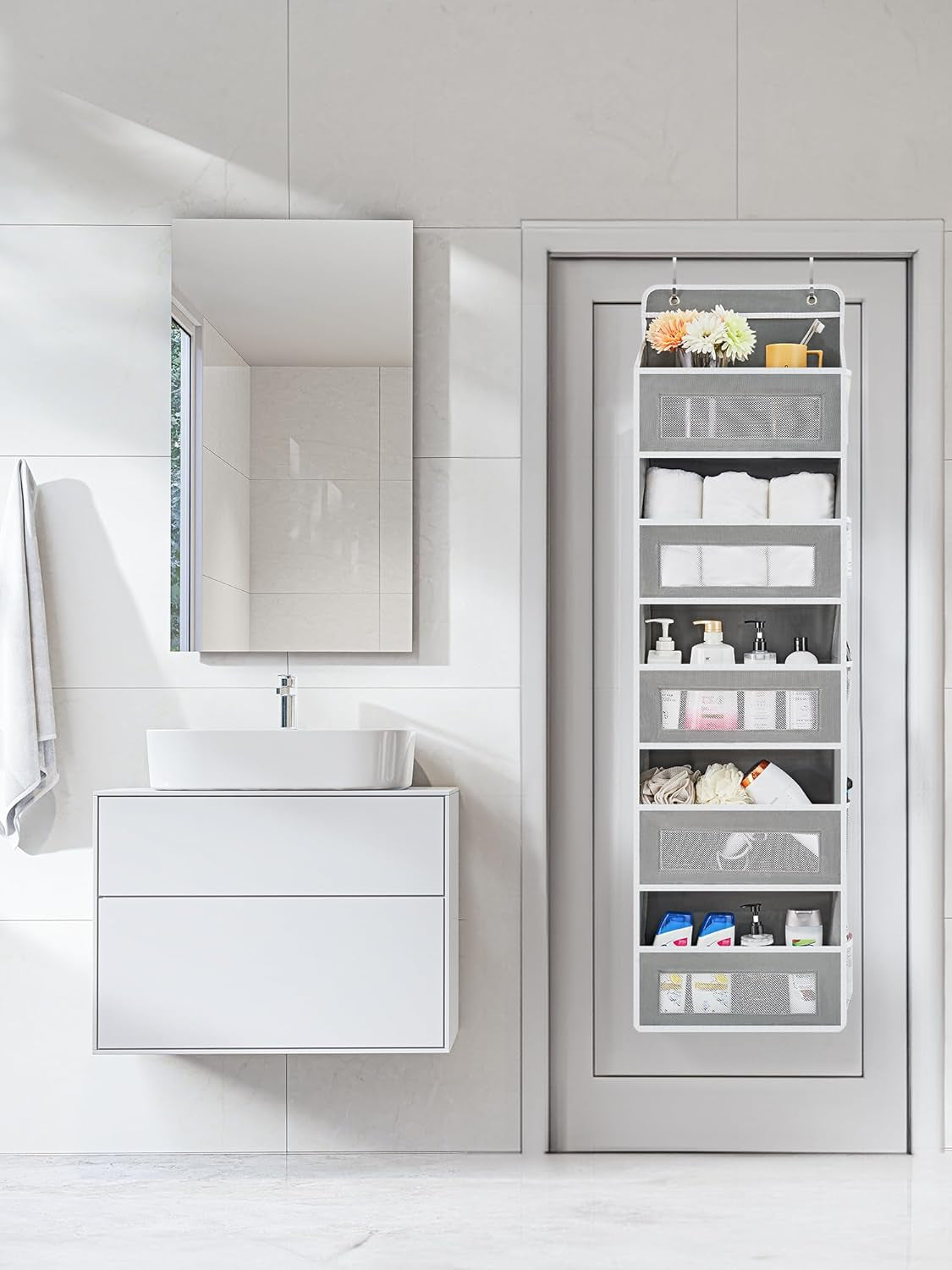 over the Door Organizer Storage, 5 Shelf Hanging Door Organizer with 5 Large Capacity Pockets, anti Tilt 44 Lb Load behind Door Storage for Bedroom, Bathroom, Pantry, Nursery, (Grey)