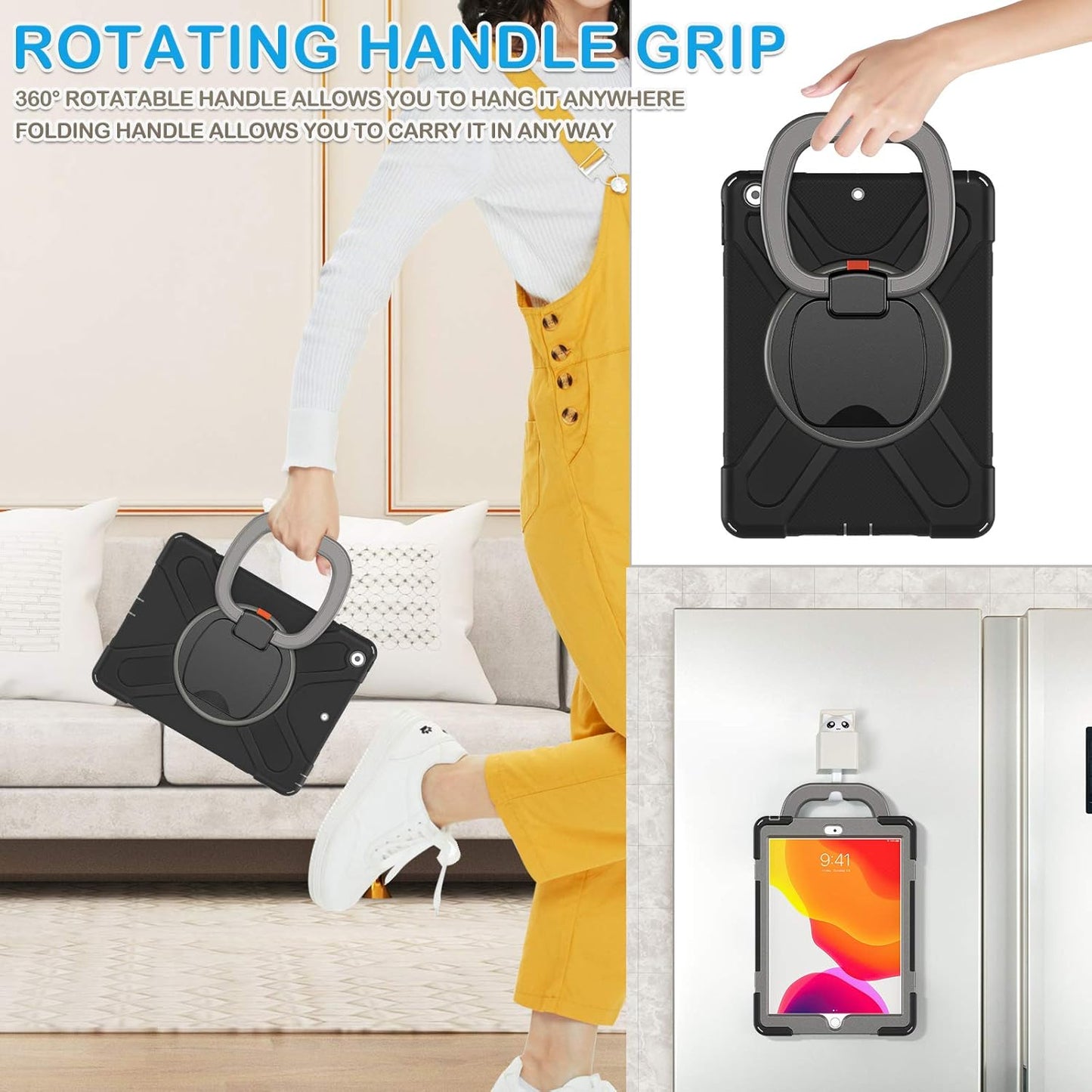 for Ipad 9Th/ 8Th/ 7Th Generation Case (Ipad 10.2 Inch Rugged Case 2021/2020/2019) with Screen Protector, Rotating Stand/Pencil Holder/Carrying Shoulder Strap (Black+Grey)