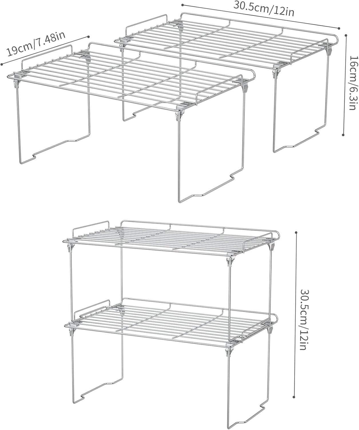 Spice Shelf Organizer for Cabinet, Safety Guardrail Stackable Shelves Kitchen Cabinet Organizers,Stainless Steel Spice Rack Cabinet Shelf Organizers for Kicthen,Storage Room-Sliver (2 Pack)