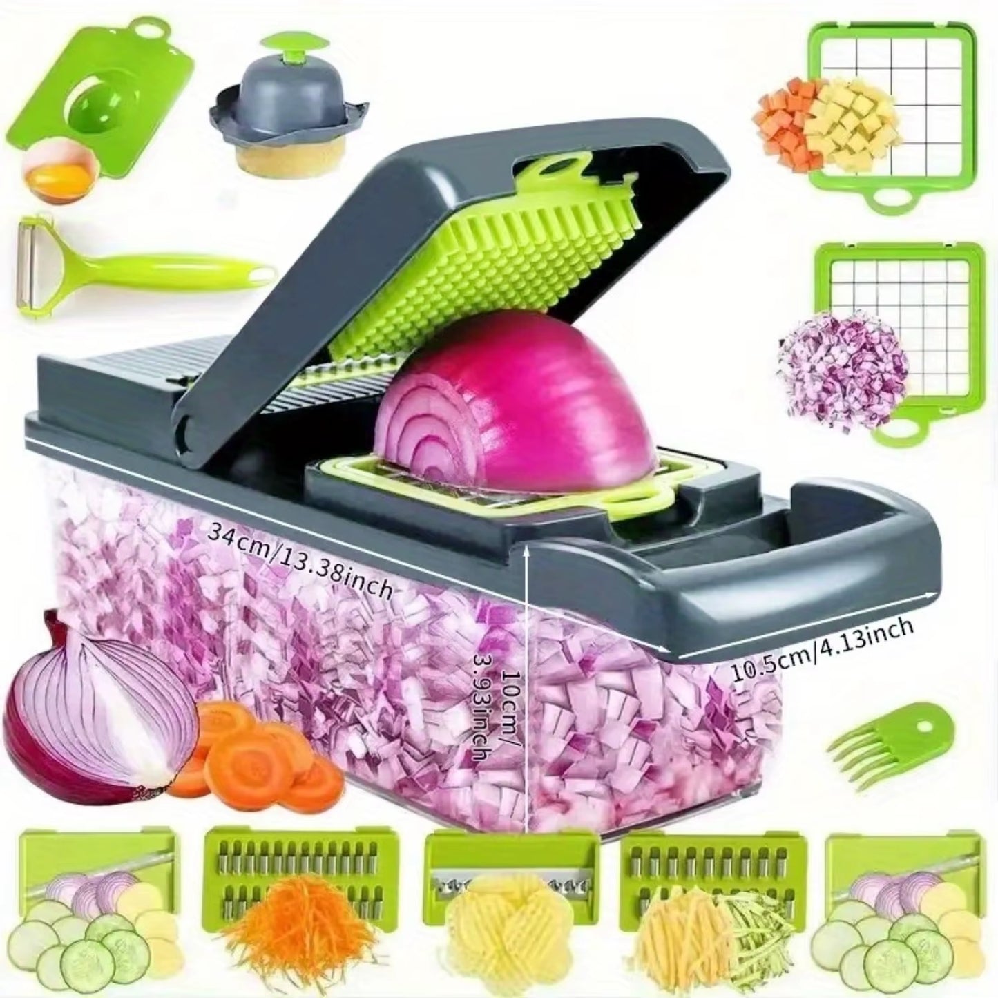 Multifunctional, Robust Vegetable Chopper & Fruit Slicer Set - Manual Food Cutter with Container, Efficient Onion Mincer, Potato