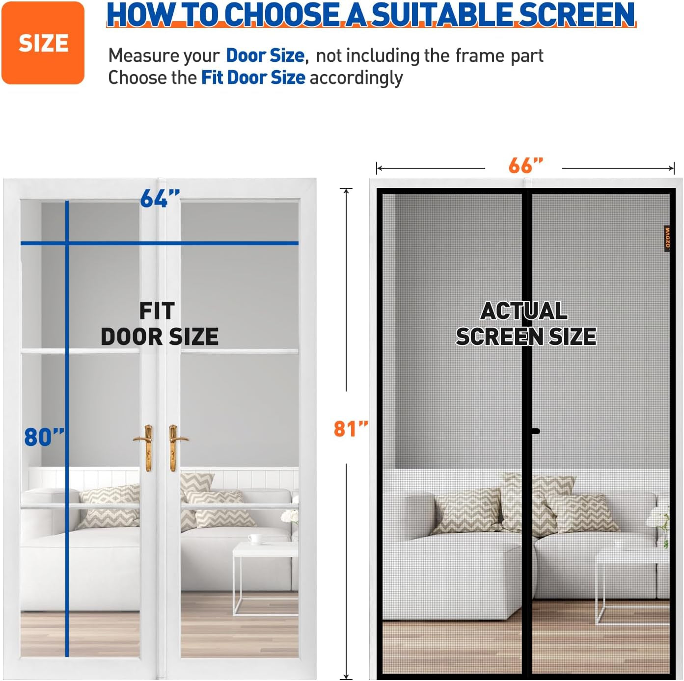 Magnetic Screen Door Fit Door Size 64 X 80 Inch, Screen Size 66" X 81" Strong Magnet French Style Mesh, Heavy Duty Fiberglass Mesh with Hook & Loop for Sliding Entrance, Gray