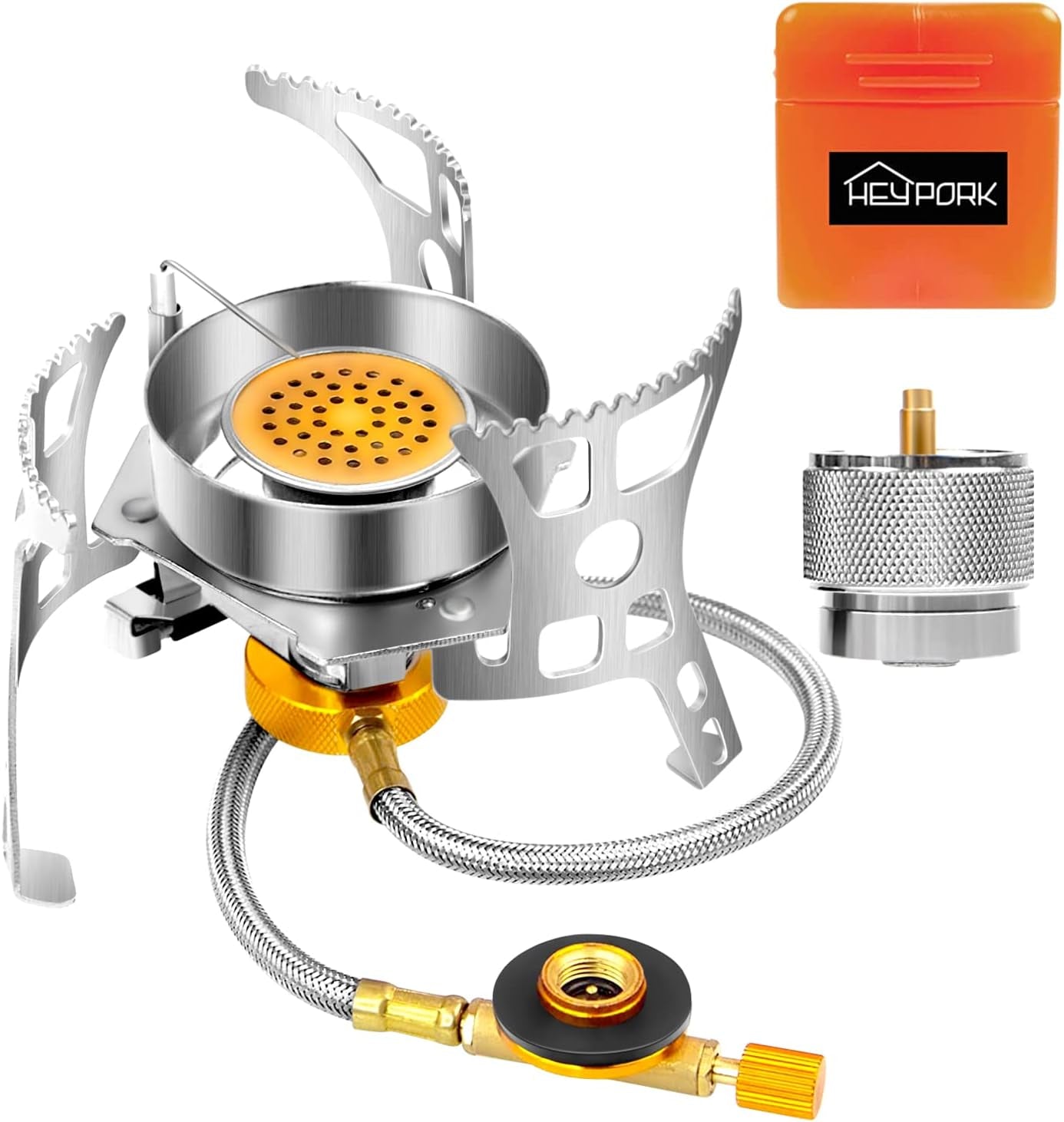 3900W Portable Backpacking Gas Stove with Fuel Canister Adapter, Piezo Ignition, Carry Case, Windproof Collapsible Stove Burner for Outdoor Cooking (Including 1Pc Adapter-Suitable for Propane)