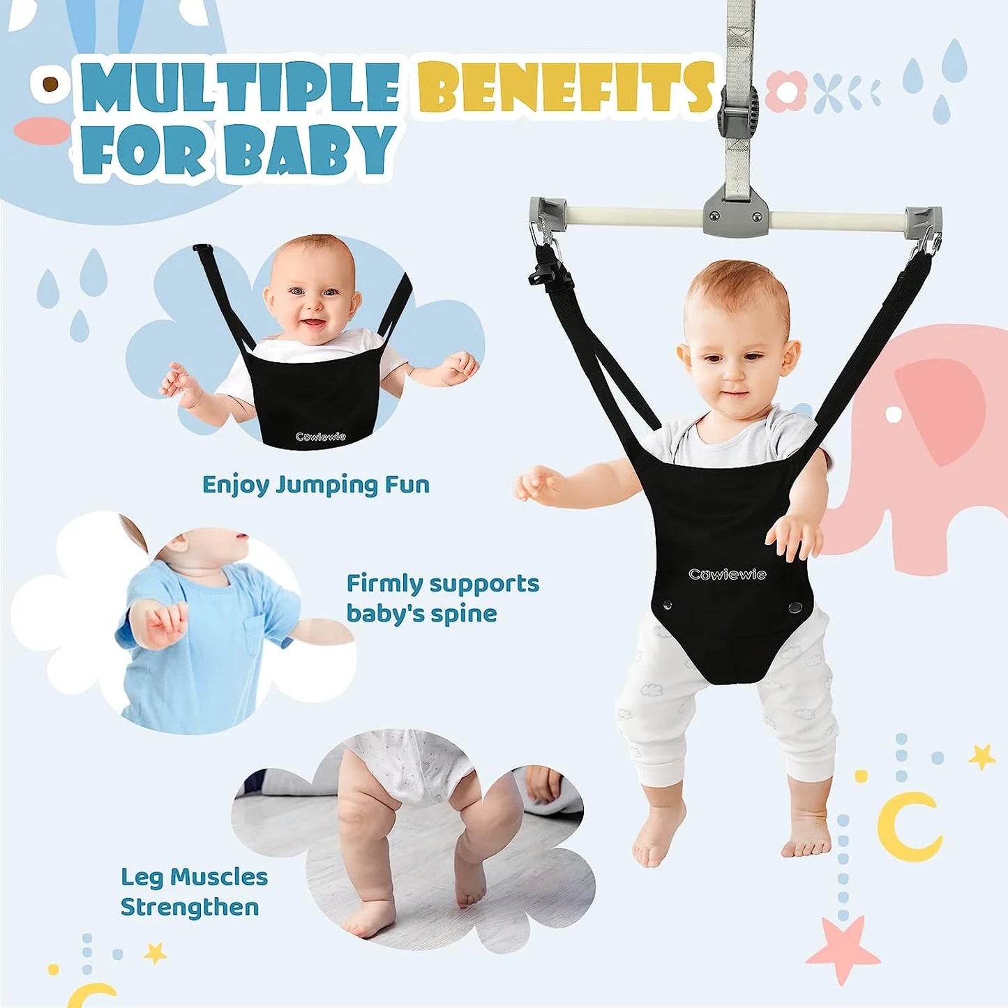 2 in 1 Baby Door Jumper, Adjustable Strap and Seat for 6-24 Months Infant Toddler, Foldable, Black