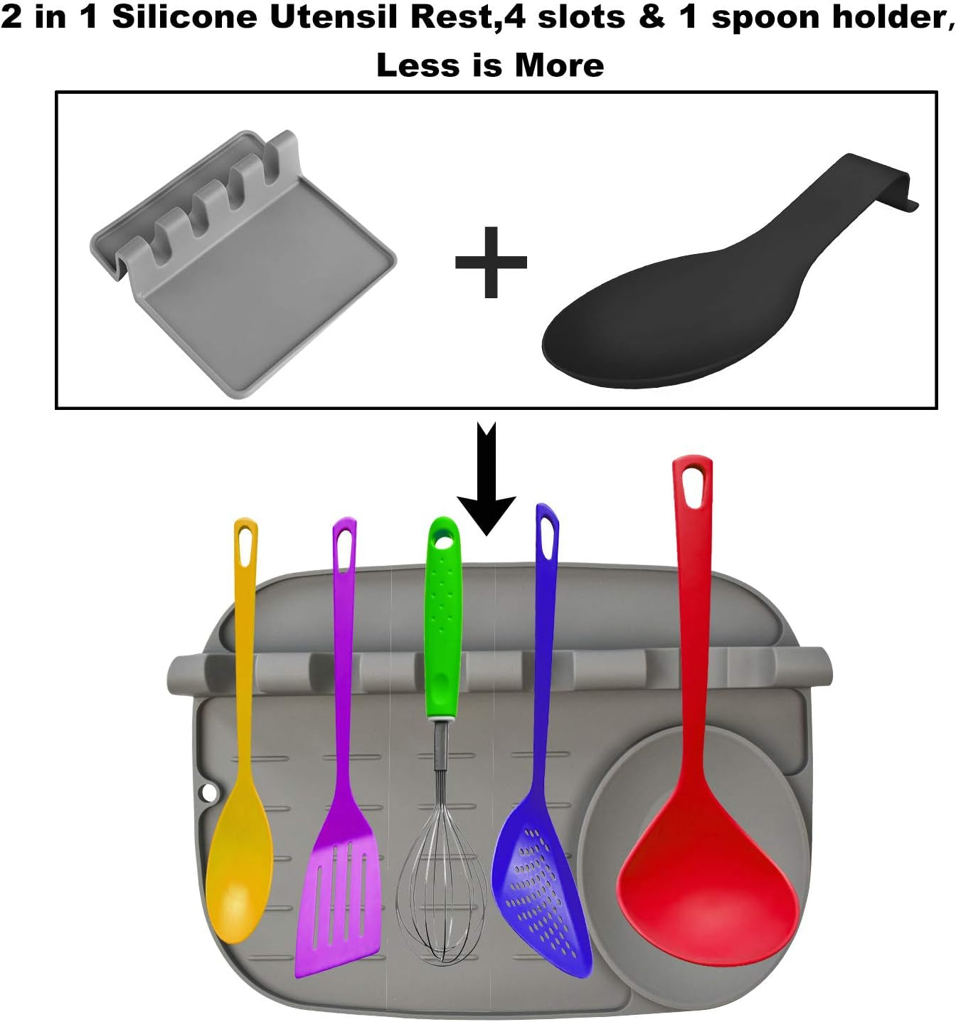 FUNAME 2 in 1 Silicone Spoon Rest, Multiple Utensil Rest W/Drip Pad 4 Slots & 1 Spoon Holder for Kitchen Counter Stove Top, Heat-Resistant Easy Clean Non-Slip for Spatulas, Ladles, Tongs & More (Gray)