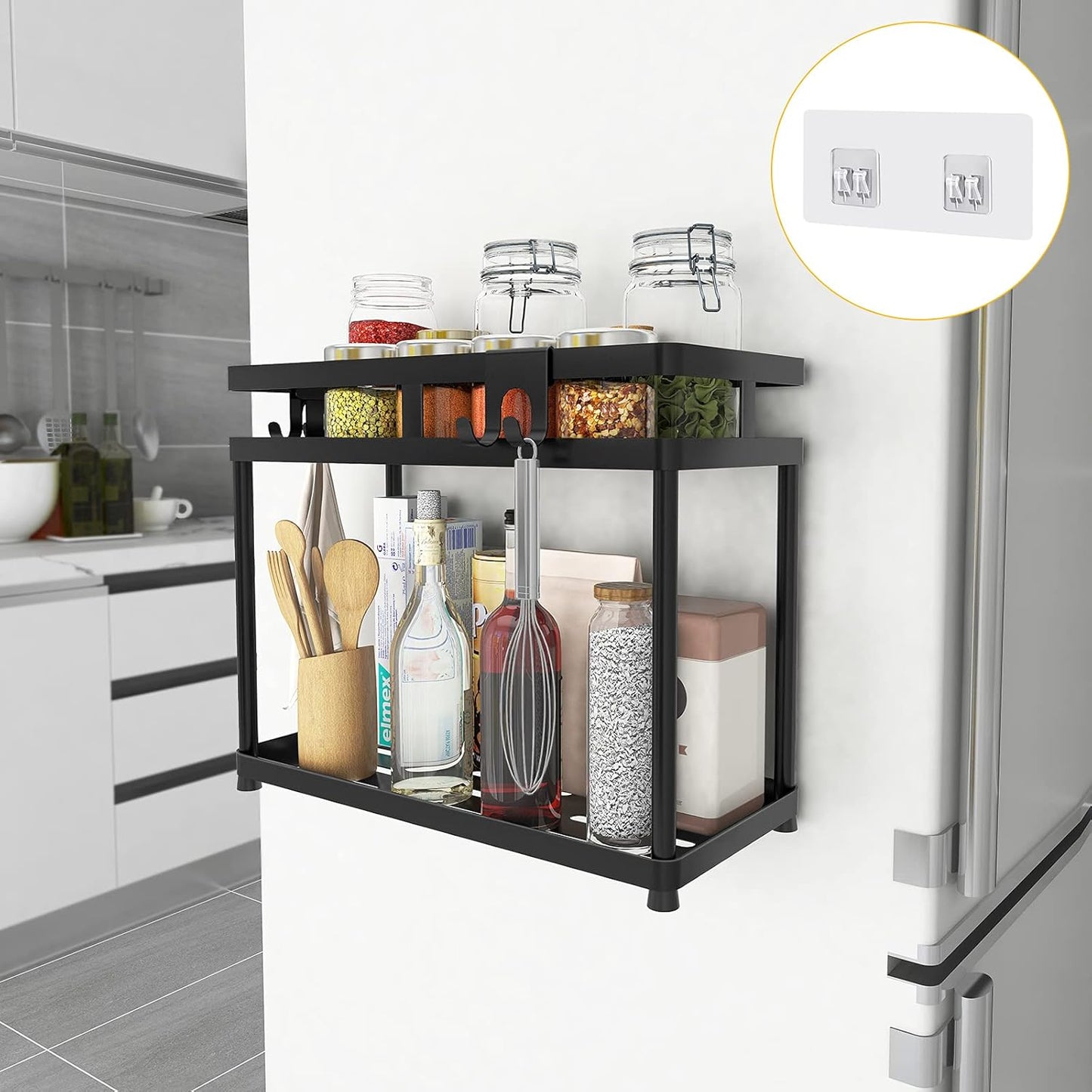 under Sink Organizer, 2 Tier Metal under Bathroom Sink Storage Baskets with Hooks, Self Adhesive Black under Sink Shelf Organizer for Bathroom Kitchen