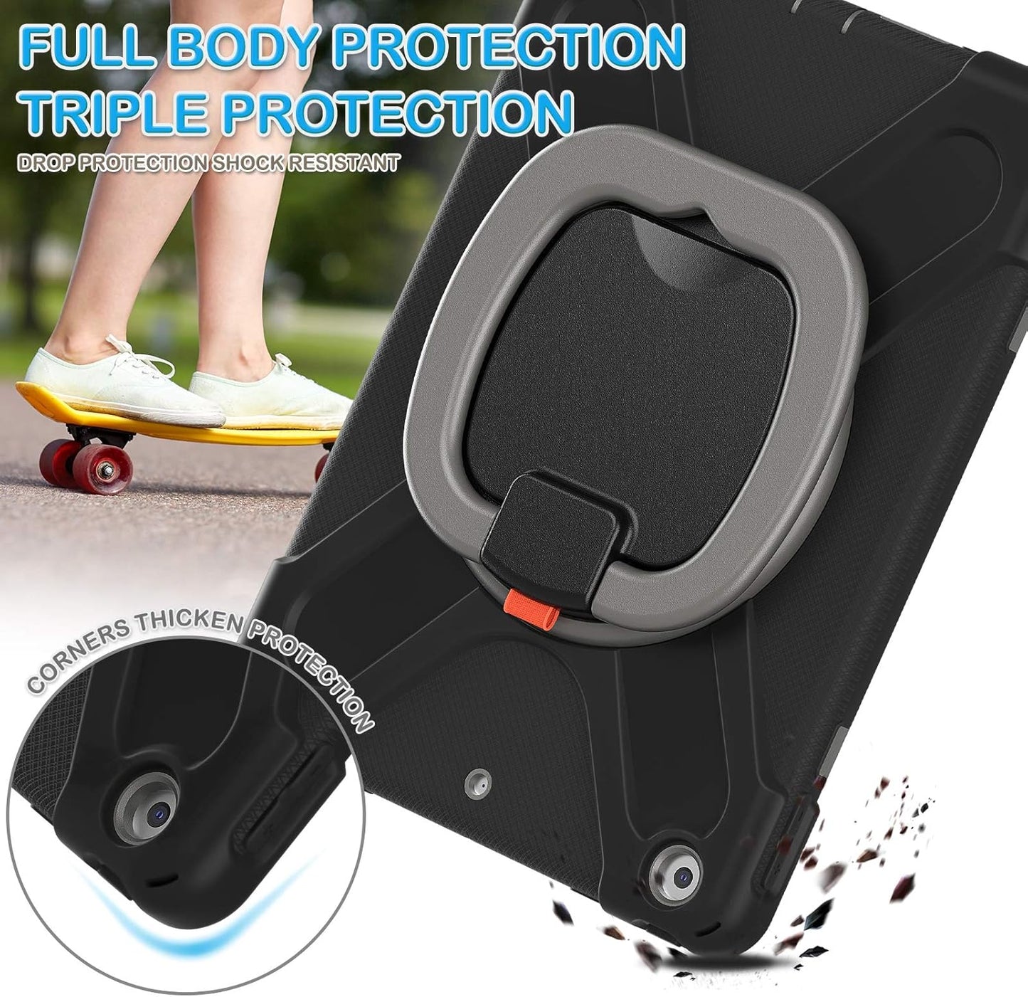 for Ipad 9Th/ 8Th/ 7Th Generation Case (Ipad 10.2 Inch Rugged Case 2021/2020/2019) with Screen Protector, Rotating Stand/Pencil Holder/Carrying Shoulder Strap (Black+Grey)