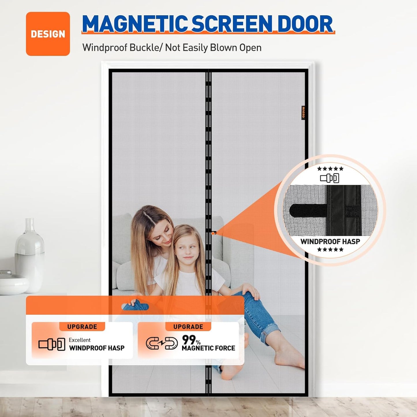 Magnetic Screen Door Fit Door Size 64 X 80 Inch, Screen Size 66" X 81" Strong Magnet French Style Mesh, Heavy Duty Fiberglass Mesh with Hook & Loop for Sliding Entrance, Gray