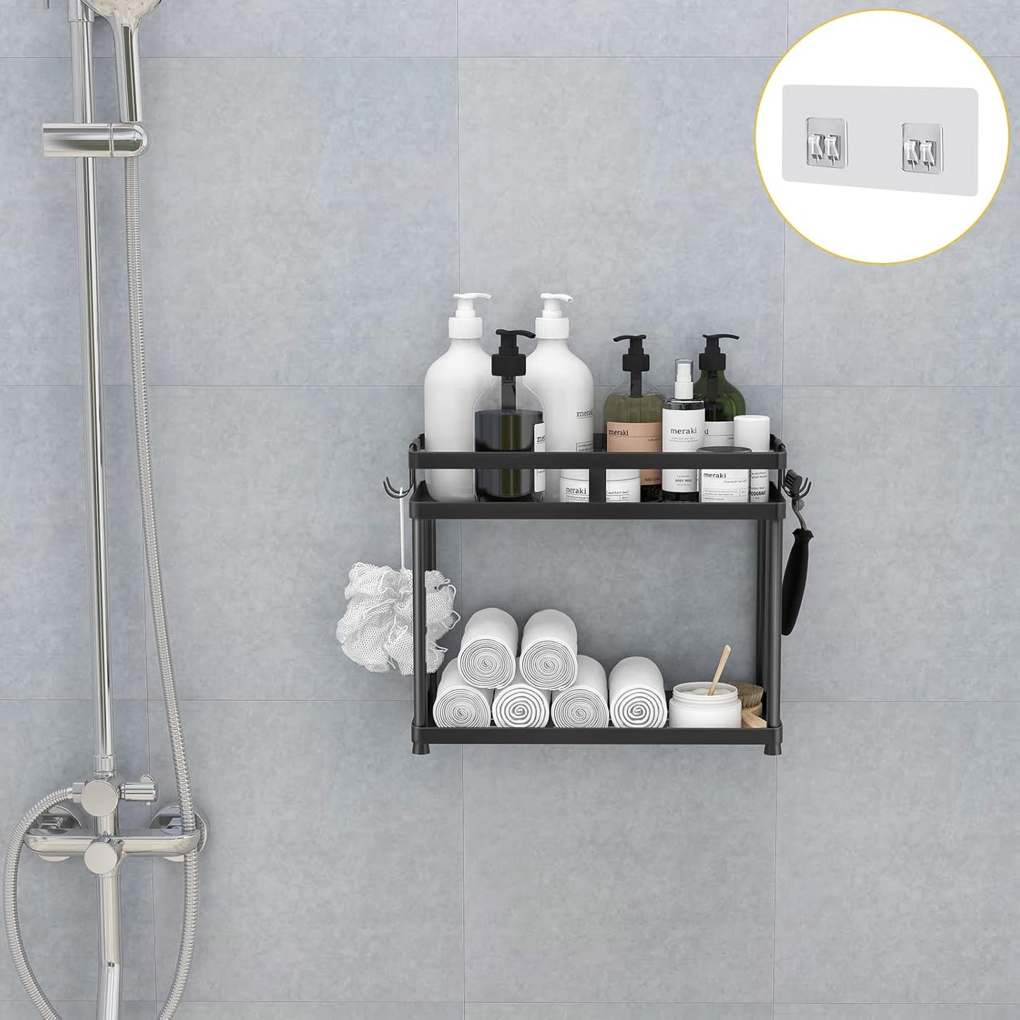 under Sink Organizer, 2 Tier Metal under Bathroom Sink Storage Baskets with Hooks, Self Adhesive Black under Sink Shelf Organizer for Bathroom Kitchen