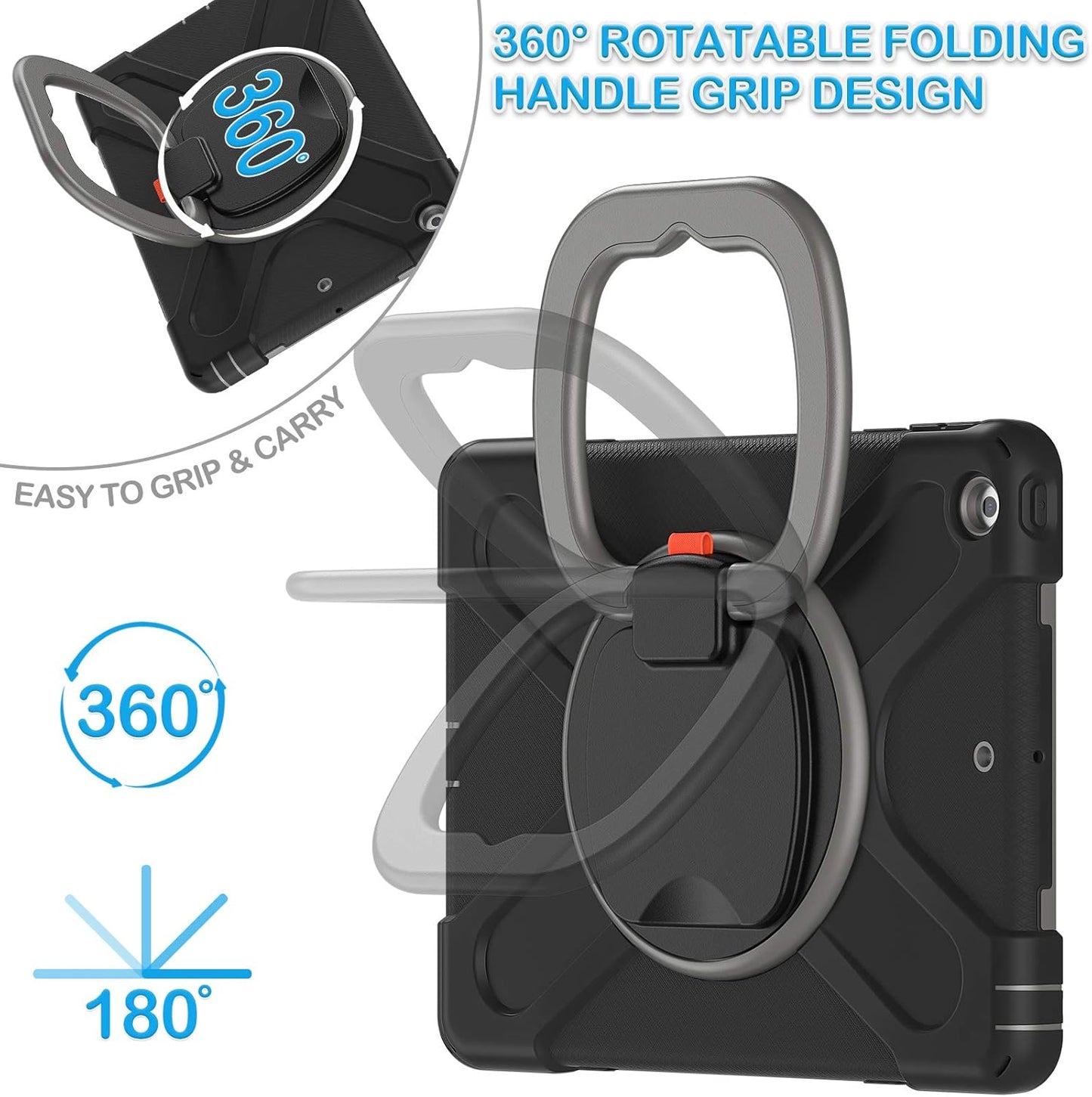 for Ipad 9Th/ 8Th/ 7Th Generation Case (Ipad 10.2 Inch Rugged Case 2021/2020/2019) with Screen Protector, Rotating Stand/Pencil Holder/Carrying Shoulder Strap (Black+Grey)