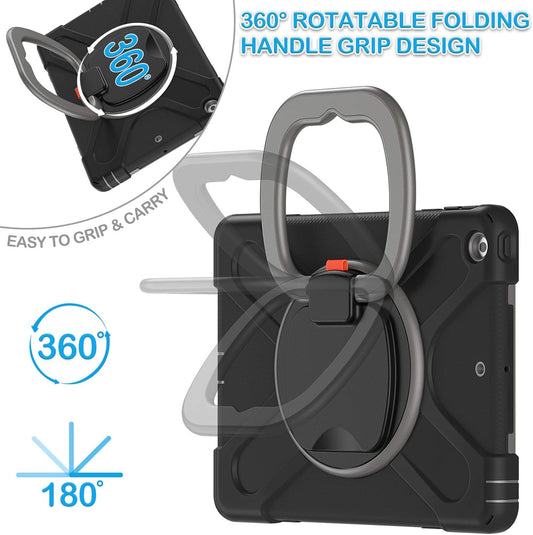 for Ipad 9Th/ 8Th/ 7Th Generation Case (Ipad 10.2 Inch Rugged Case 2021/2020/2019) with Screen Protector, Rotating Stand/Pencil Holder/Carrying Shoulder Strap (Black+Grey)