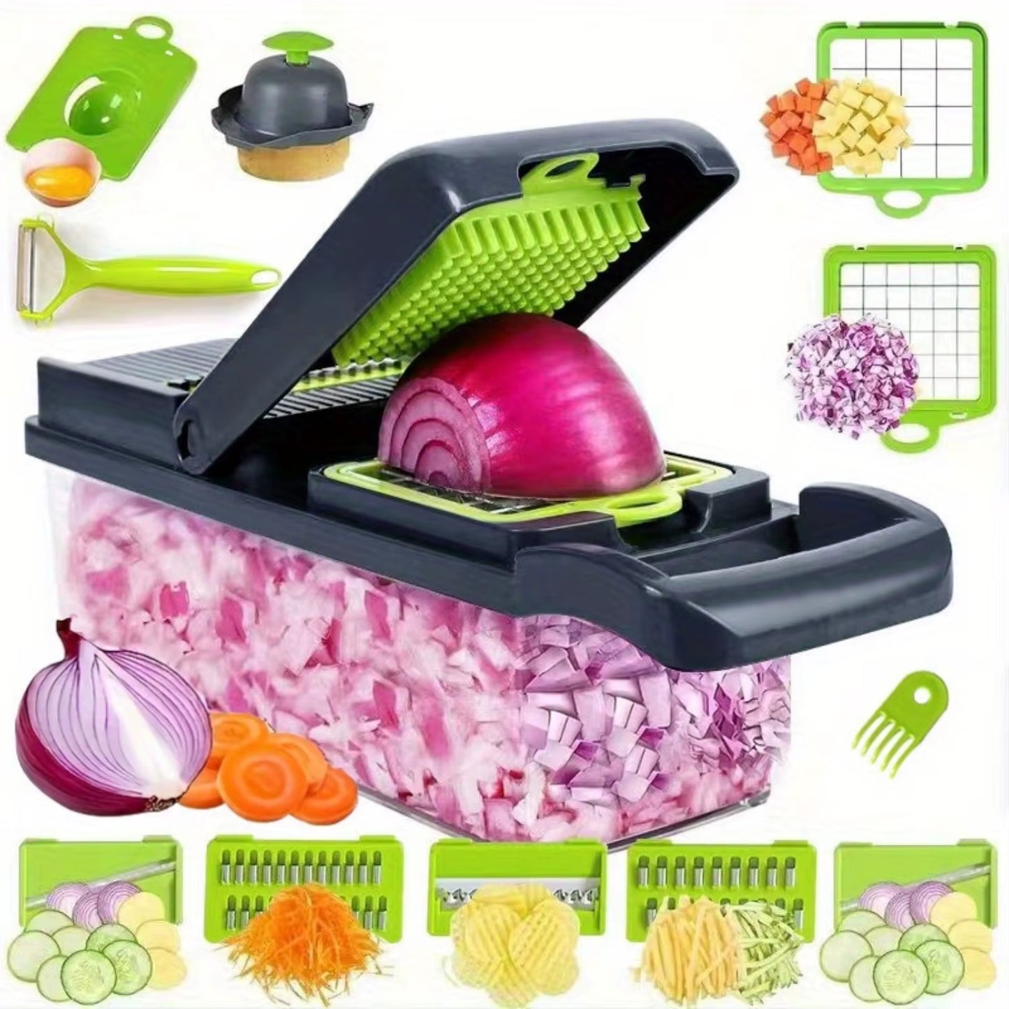 Multifunctional, Robust Vegetable Chopper & Fruit Slicer Set - Manual Food Cutter with Container, Efficient Onion Mincer, Potato