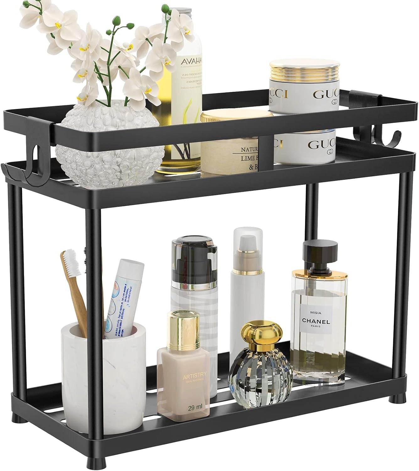 under Sink Organizer, 2 Tier Metal under Bathroom Sink Storage Baskets with Hooks, Self Adhesive Black under Sink Shelf Organizer for Bathroom Kitchen