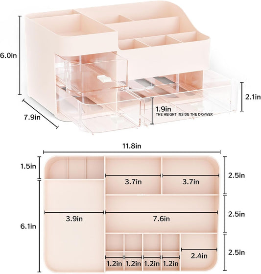 Make up Organizers and Storage for Counter,Big 3 Drawers Skincare Organizer and Storage,Plastic Cosmetic Organizer for Vanity Beauty Skin Care Holder and Dresser Drawer Organizers,Pink