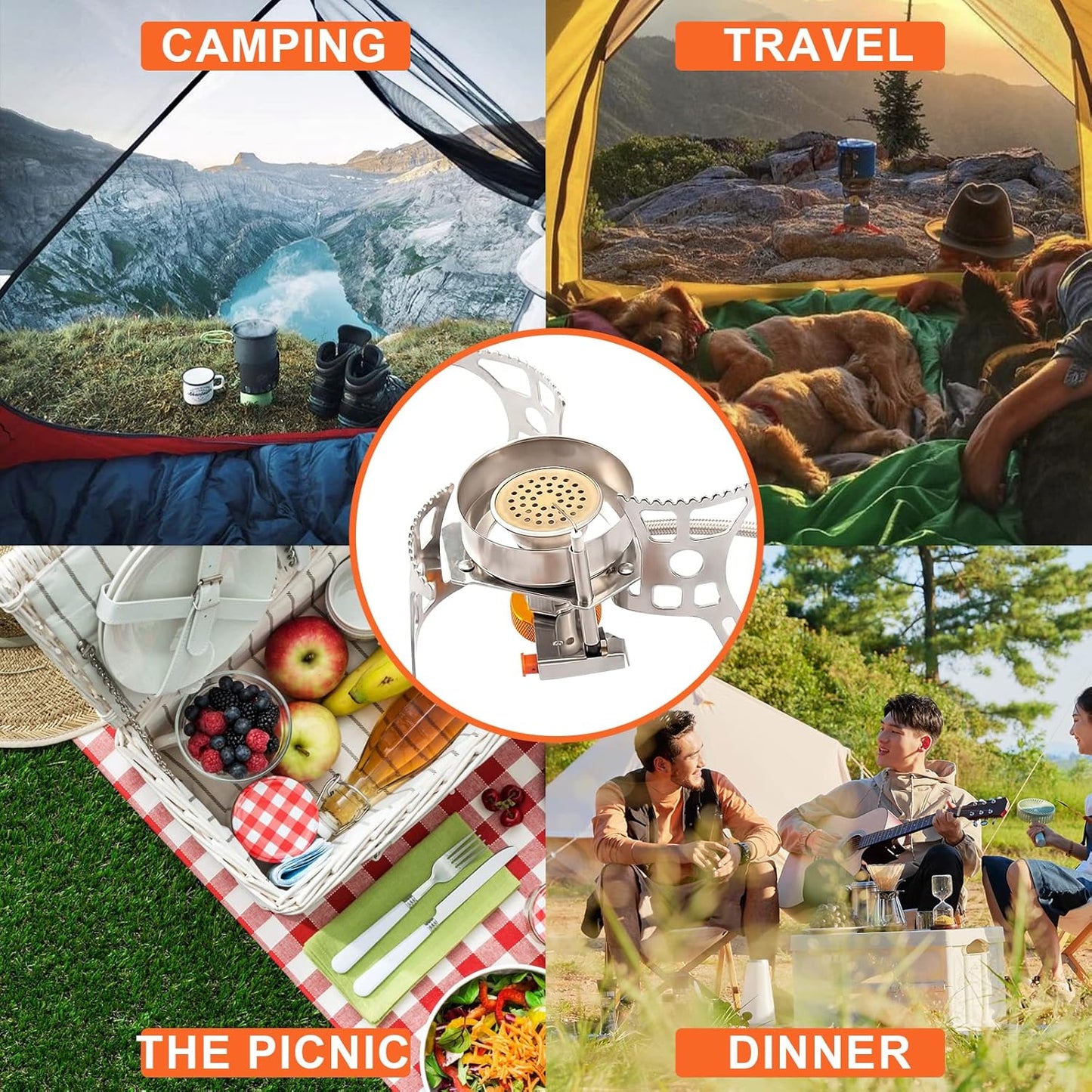 3900W Portable Backpacking Gas Stove with Fuel Canister Adapter, Piezo Ignition, Carry Case, Windproof Collapsible Stove Burner for Outdoor Cooking (Including 1Pc Adapter-Suitable for Propane)