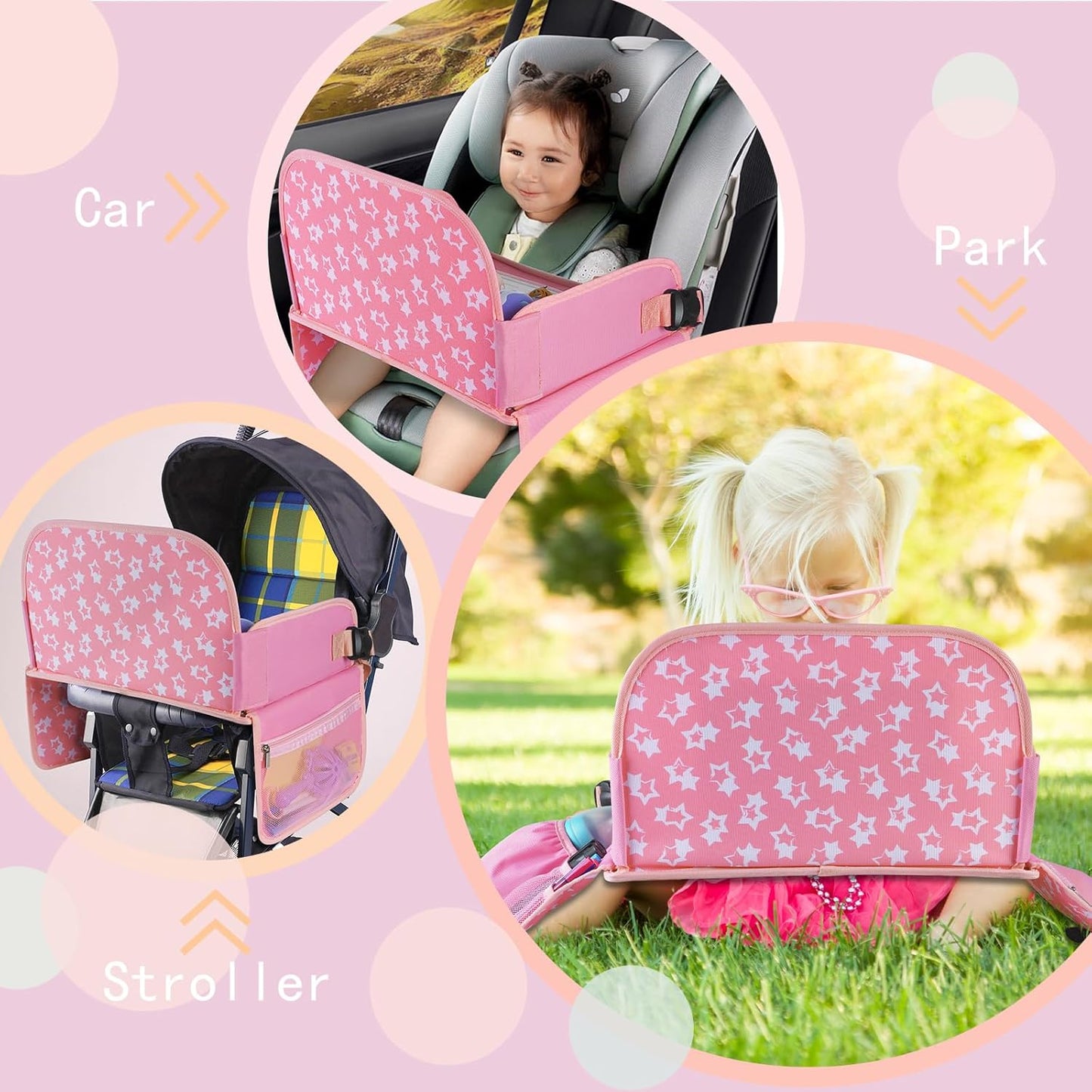 Kids Travel Tray for Toddler Car Seat, Lap Tray for Girl Activities with Dry Erase Board & Cooler Cup Holder, Road Trip Essentials Accessories with No-Drop Large Tablet Ipad Holder Stand,Pink