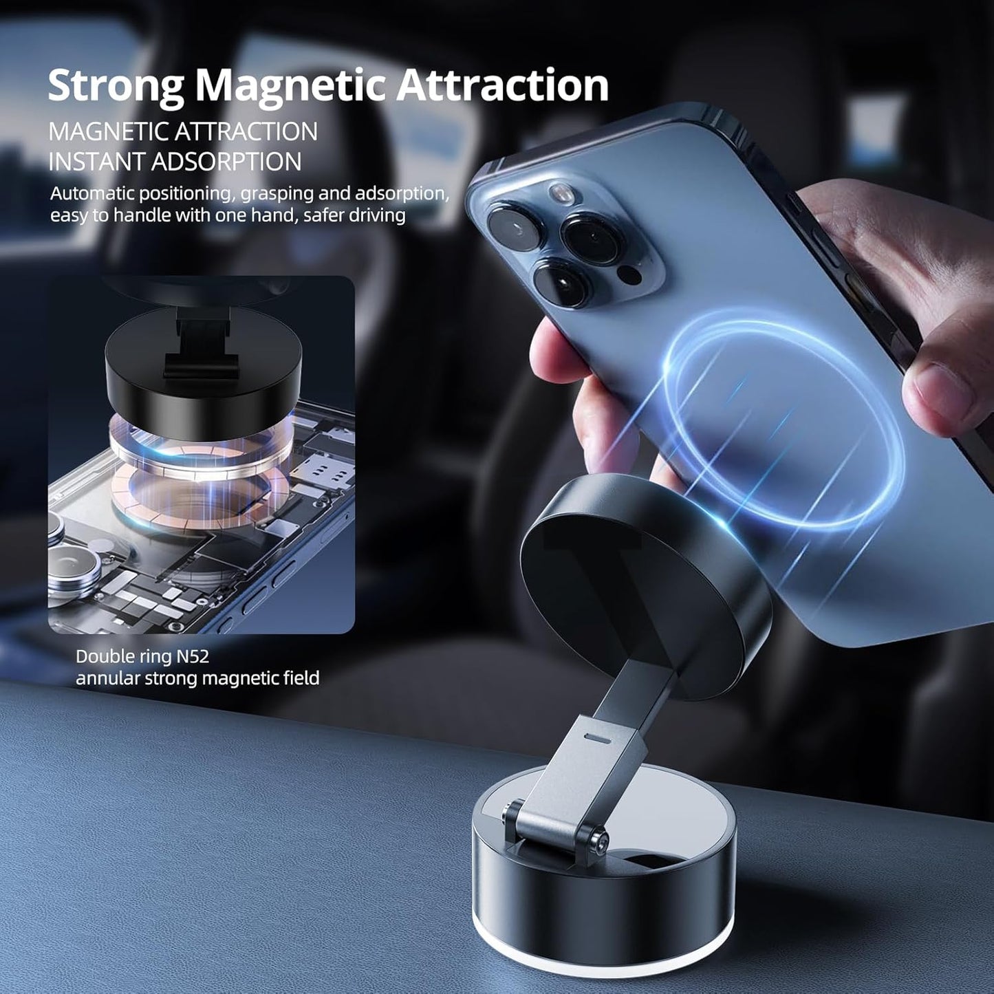 Vacuum Suction Magnetic Phone Holder, Upgraded Suction Cup Phone Holders, Magnetic Car Phone Holders for Phone and All Smartphones, Portable Phone Holder Mount for Gym/Mirror/Smooth Surface, Black
