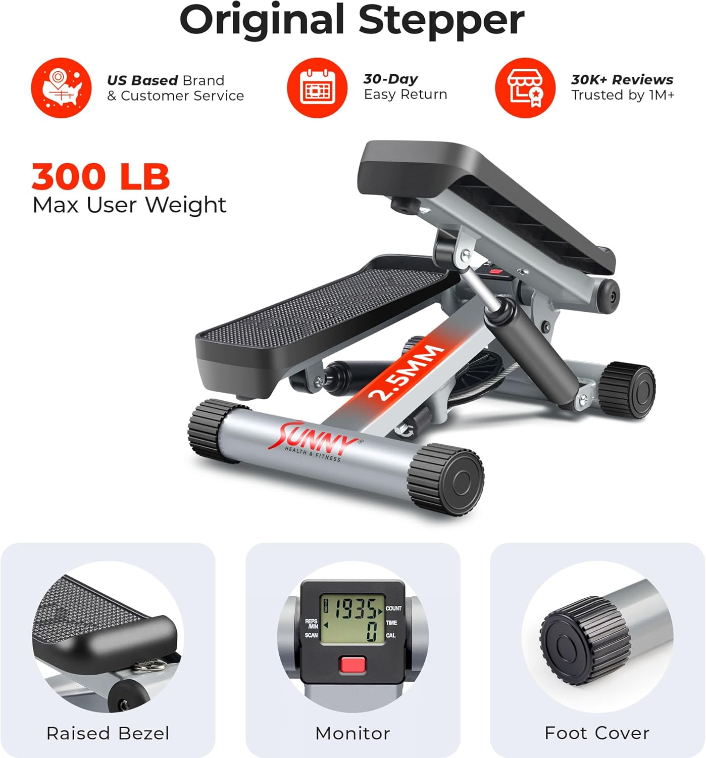 Mini Stepper for Exercise at Home, Stair Step Workout Machine with Resistance Band, Fullbody Cardio, Upgraded over 300Lb Weight Capacity, Optional Free Sunnyfit App Connection