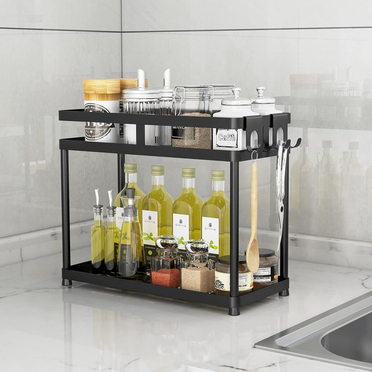 under Sink Organizer, 2 Tier Metal under Bathroom Sink Storage Baskets with Hooks, Self Adhesive Black under Sink Shelf Organizer for Bathroom Kitchen