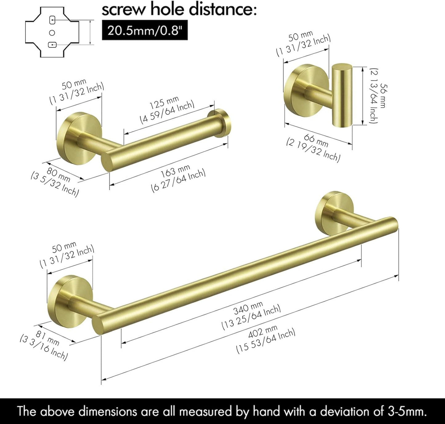 Bathroom Hardware Set SUS 304 Stainless Steel 3-Pieces 16 Inch Towel Bar Toilet Paper Holder Towel Hook Brushed Gold Finish, LA20BZ-32