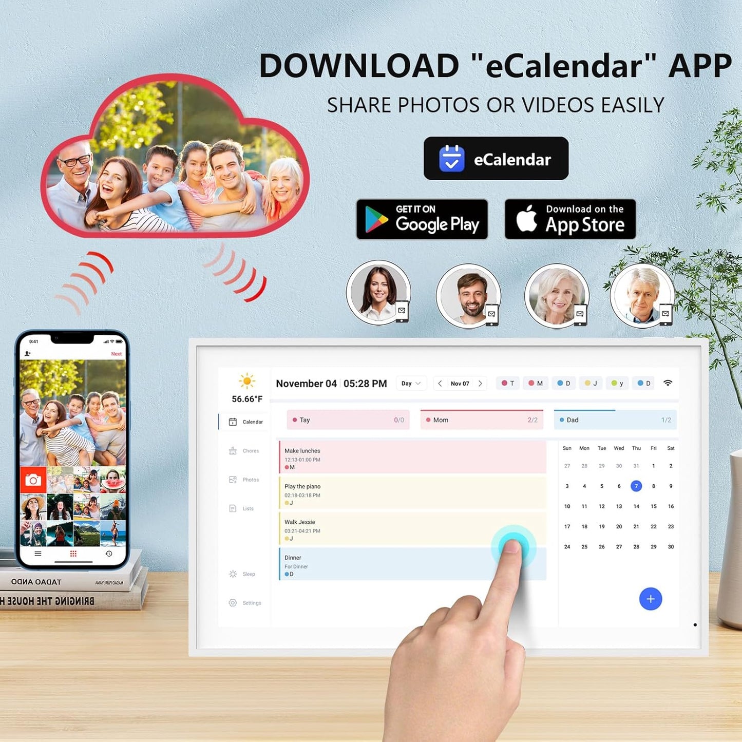 21.5 Inch Digital Calendar, Smart Electronic Calendar Planner & Chore Chart, IPS FHD 1920X1080 Wall Touch Screen Display for Family Schedules, Desk Stand Included, Wall Mountable - Share Photos/Videos