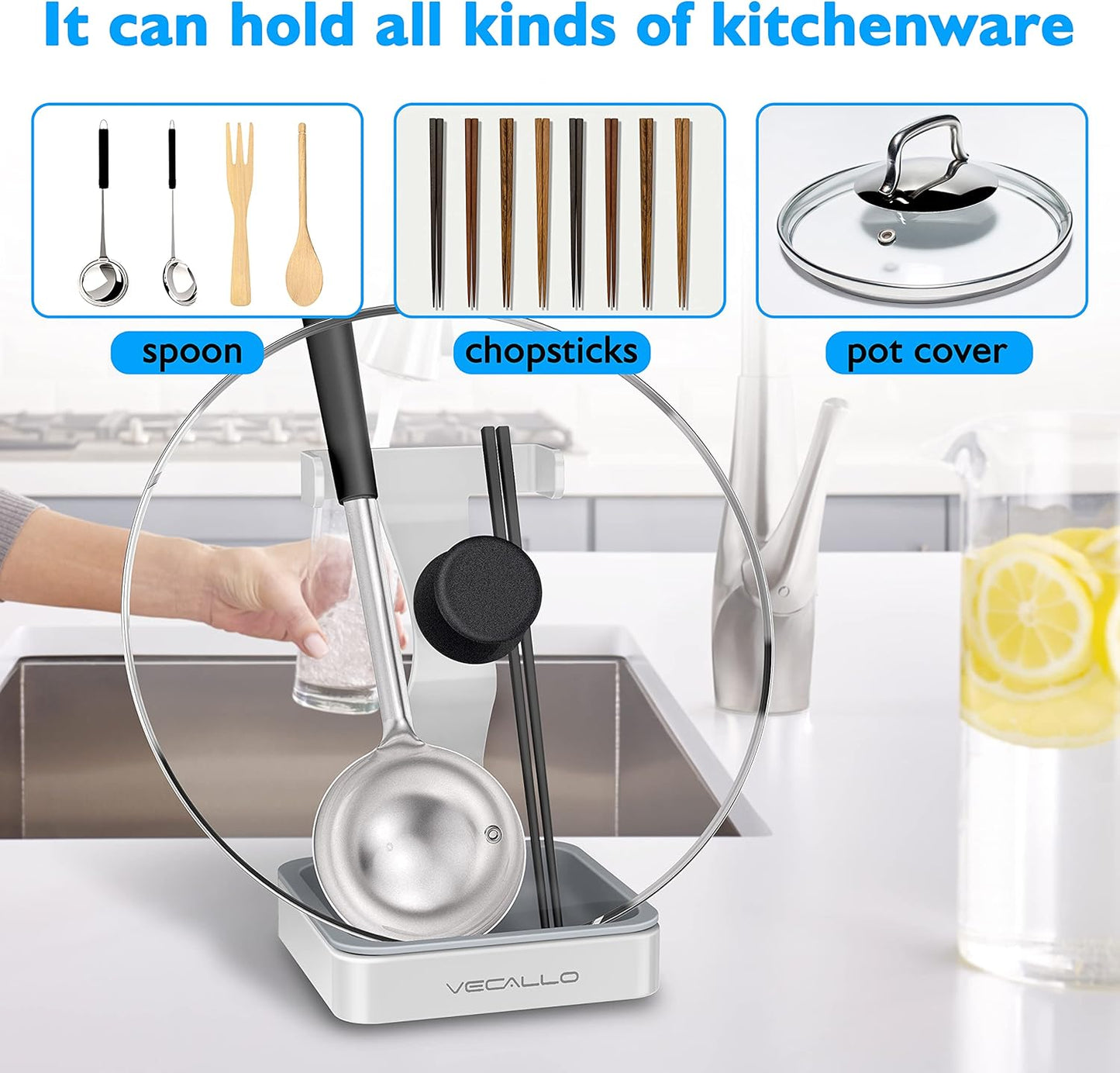 Pot Lid Holder, Pot Lid Organizer, Kitchen Organizer Rack Spoon Rest Rack Holder-Lid Stand for Utensils in Kitchen (White)
