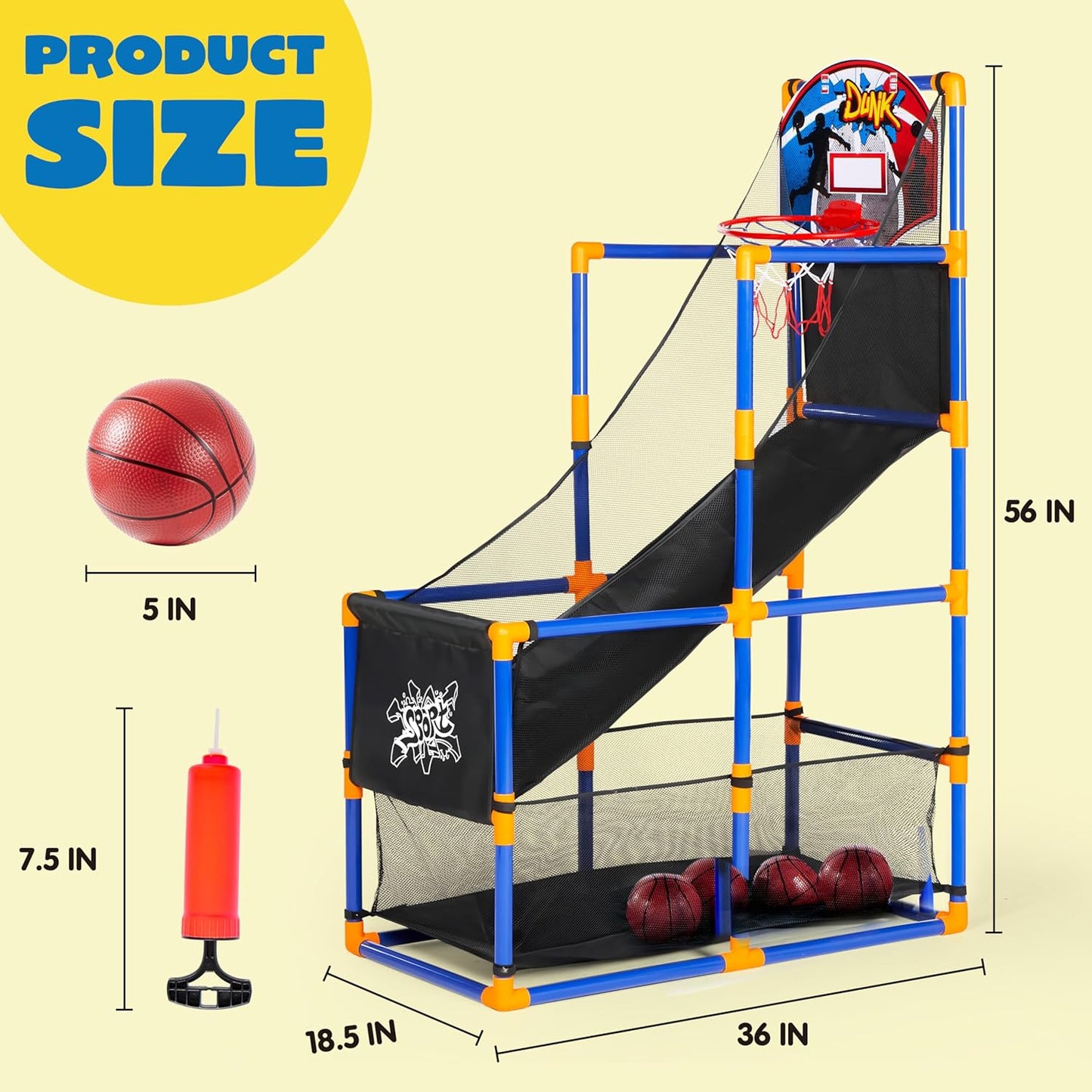 Arcade Basketball Game Set with 4 Balls and Hoop for Kids 3 to 12 Years Old Indoor Outdoor Sport Play - Easy Set up - Air Pump Included - Ideal for Competition