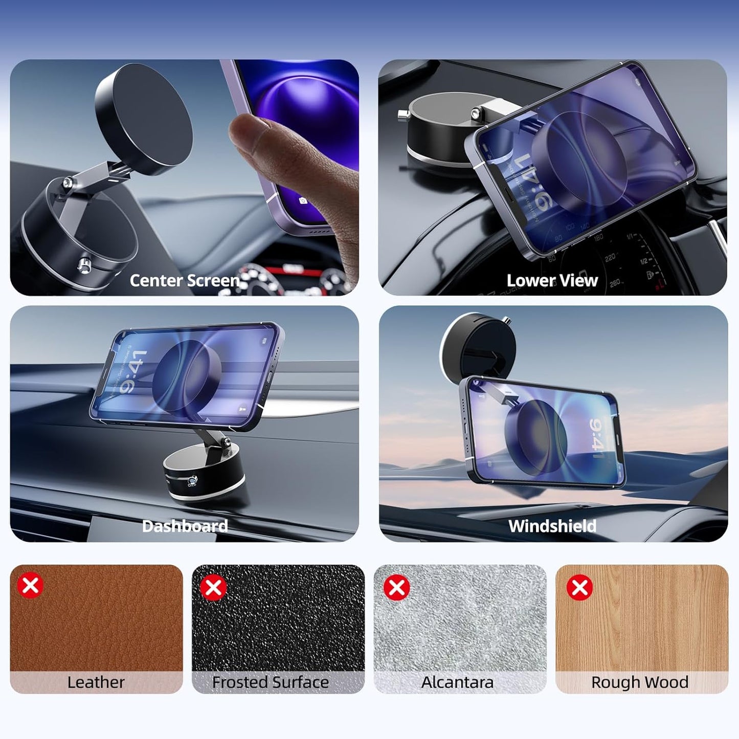 Vacuum Suction Magnetic Phone Holder, Upgraded Suction Cup Phone Holders, Magnetic Car Phone Holders for Phone and All Smartphones, Portable Phone Holder Mount for Gym/Mirror/Smooth Surface, Black