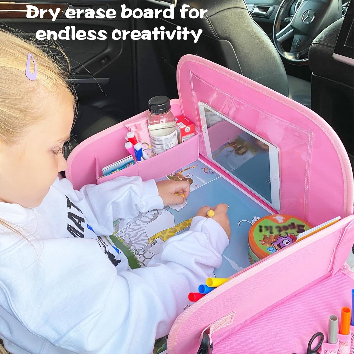 Kids Travel Tray for Toddler Car Seat, Lap Tray for Girl Activities with Dry Erase Board & Cooler Cup Holder, Road Trip Essentials Accessories with No-Drop Large Tablet Ipad Holder Stand,Pink