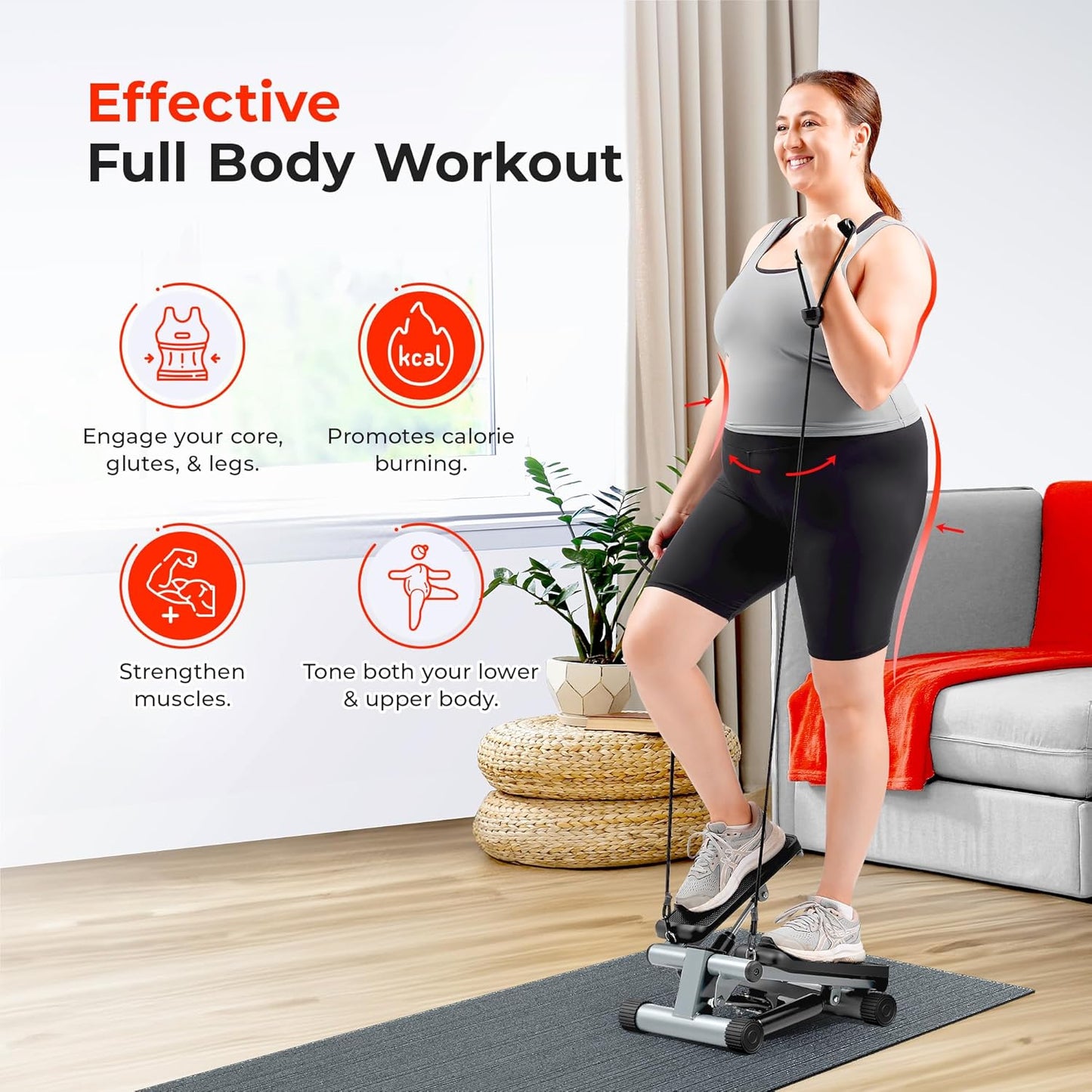 Mini Stepper for Exercise at Home, Stair Step Workout Machine with Resistance Band, Fullbody Cardio, Upgraded over 300Lb Weight Capacity, Optional Free Sunnyfit App Connection