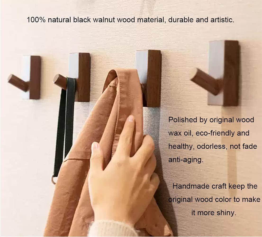 Wood Wall Hooks, 3 Pack Natural Wooden Coat Hooks Wall Mounted, Rustic Wooden Hooks Handmade Craft Hat Rack Hat Hanger, Wall Hooks for Hanging Bathroom Towels Clothes Hanger. (Black Walnut)
