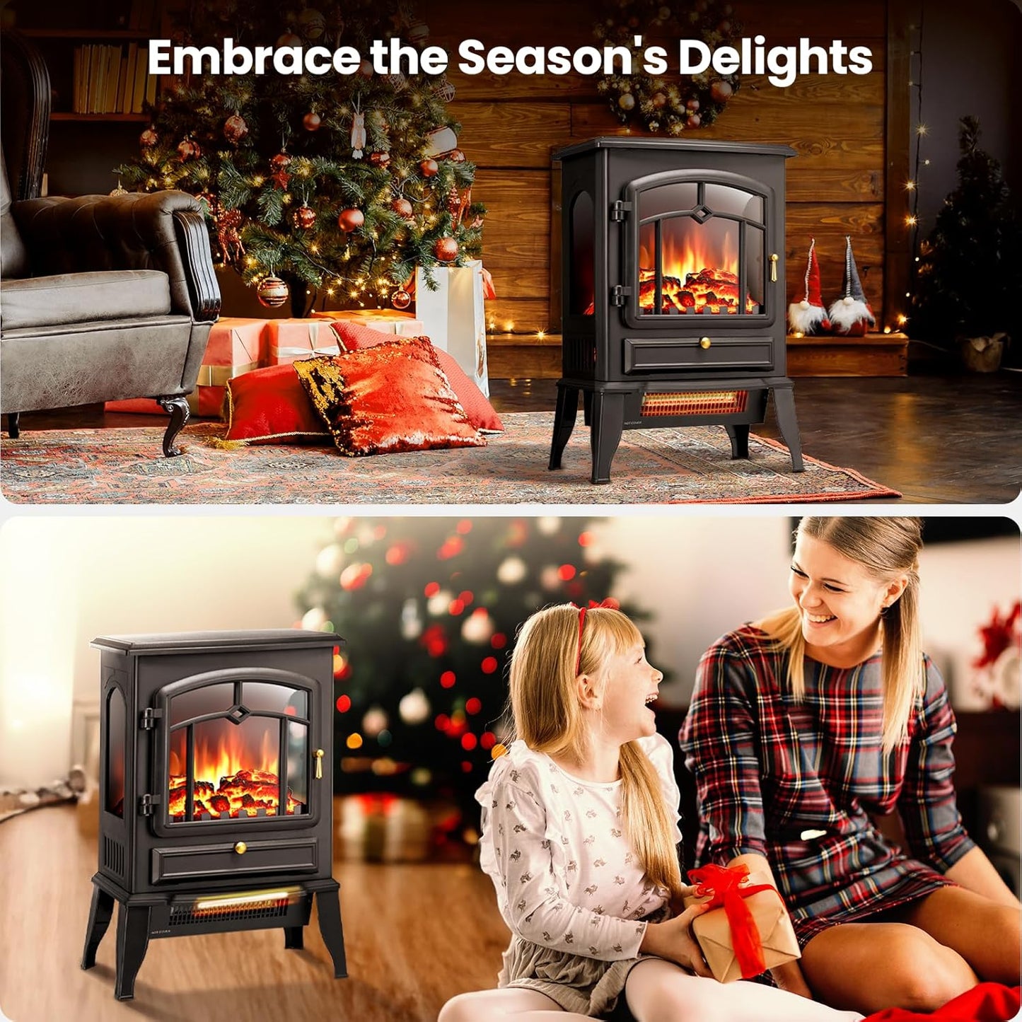 Electric Fireplace Stove,1500W Infrared Fireplace Heater with 3D Realistic Flame,Overheating Protection,16Inch Portable Freestanding Electric Fireplace for Indoor Use