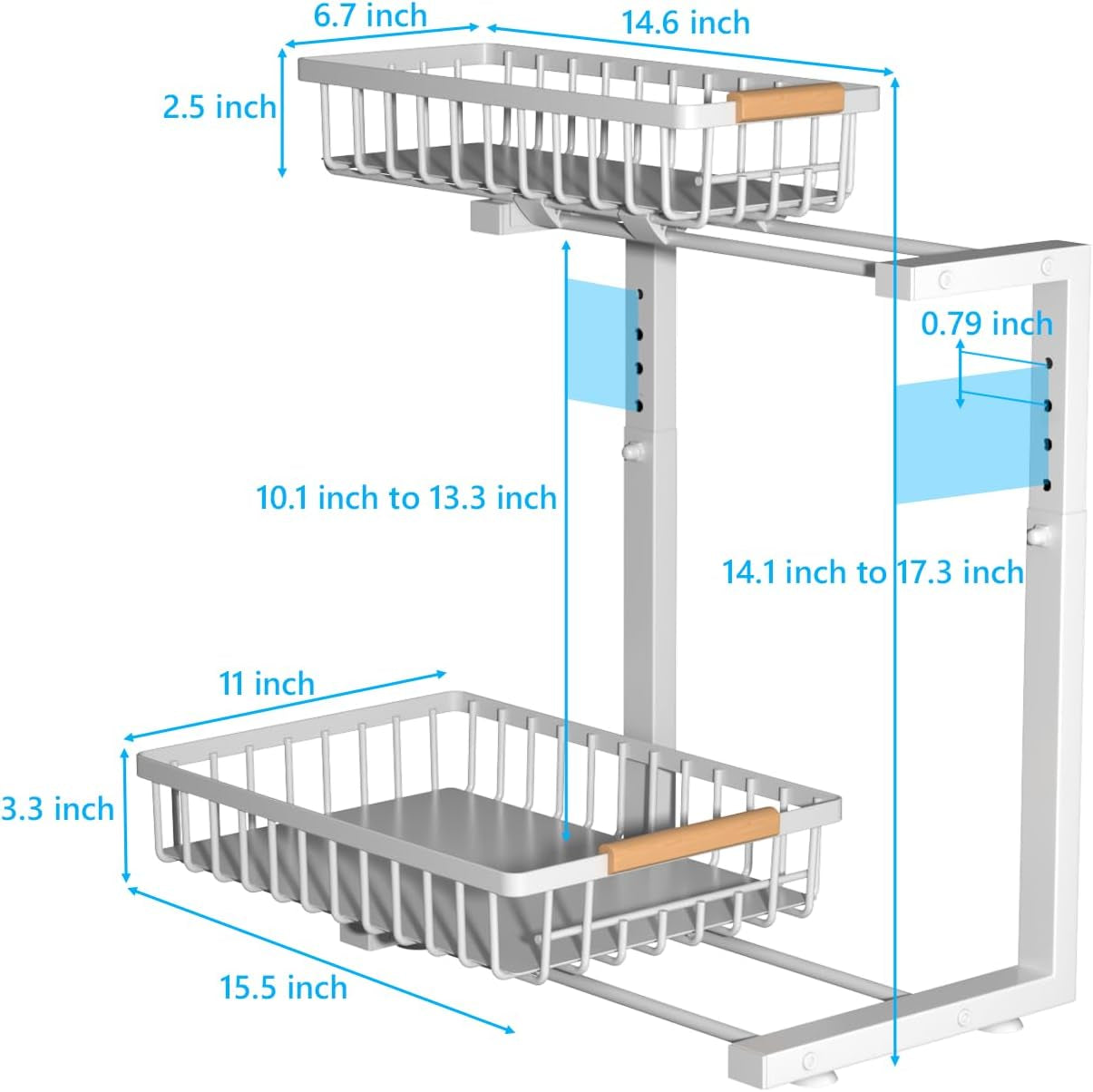 Under Sink Organizers,5 Adjustable Height,Metal Pull Out and Storage Shelves with Sliding Drawer for Kitchen, Bathroom, White, 2 Pack(Hight 13.6″-16.9″)