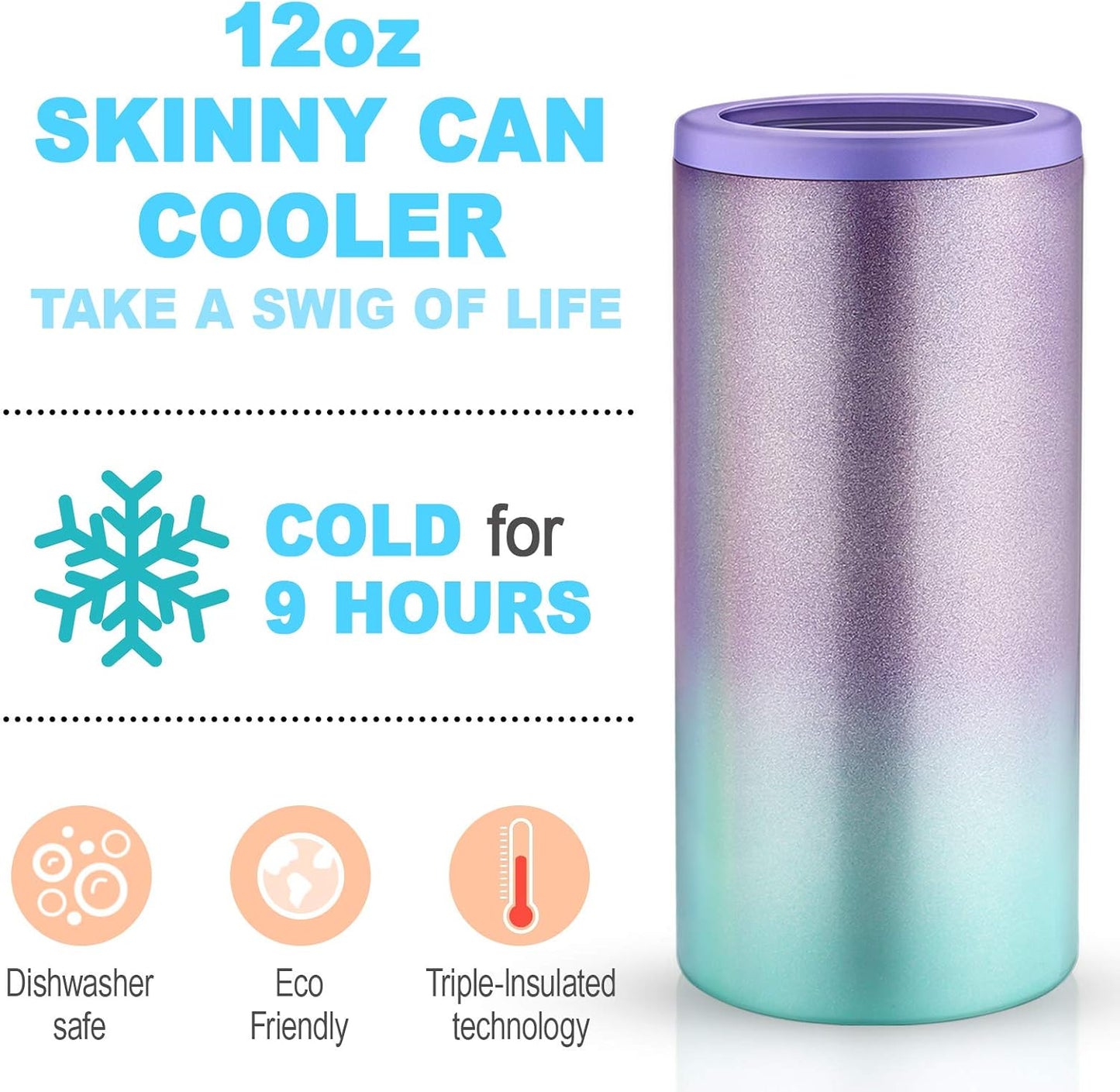 Insulated Can Cooler for 12 Oz Slim Cans,(1 Pack) Double-Walled Vacuum Stainless Steel Can,For Beer/Soda/Beverage/Energy Drinks Can Cooler Keeper-Purple Green