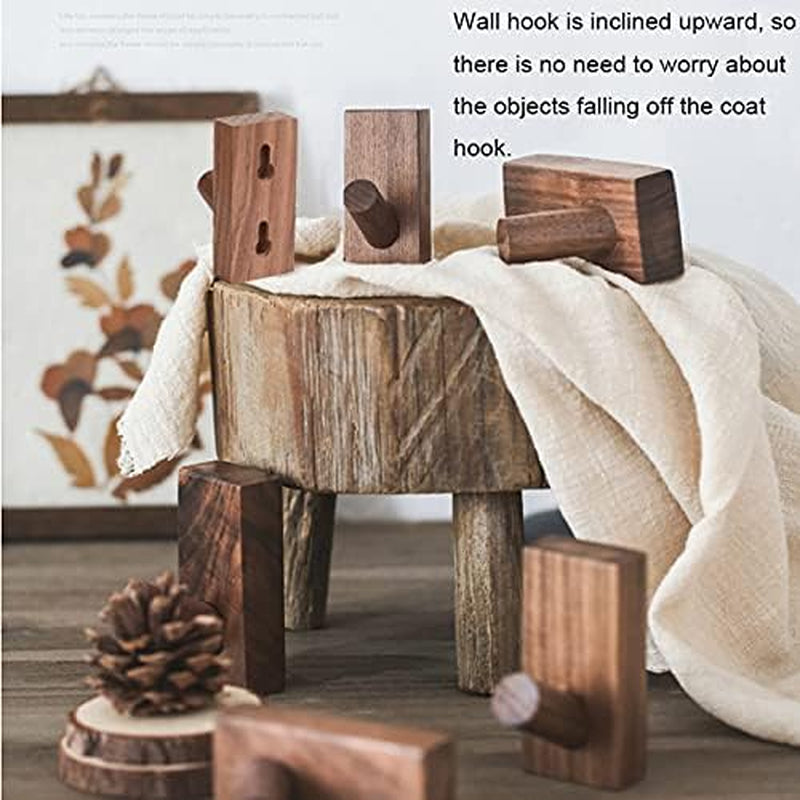 Wood Wall Hooks, 3 Pack Natural Wooden Coat Hooks Wall Mounted, Rustic Wooden Hooks Handmade Craft Hat Rack Hat Hanger, Wall Hooks for Hanging Bathroom Towels Clothes Hanger. (Black Walnut)