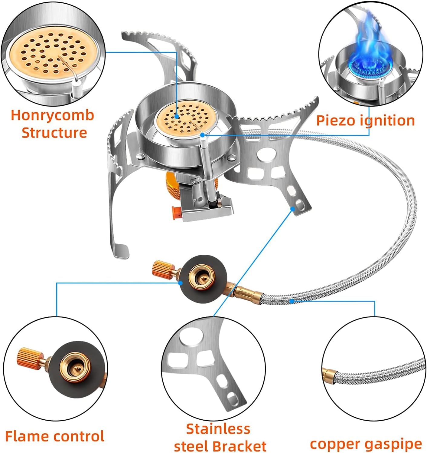 3900W Portable Backpacking Gas Stove with Fuel Canister Adapter, Piezo Ignition, Carry Case, Windproof Collapsible Stove Burner for Outdoor Cooking (Including 1Pc Adapter-Suitable for Propane)