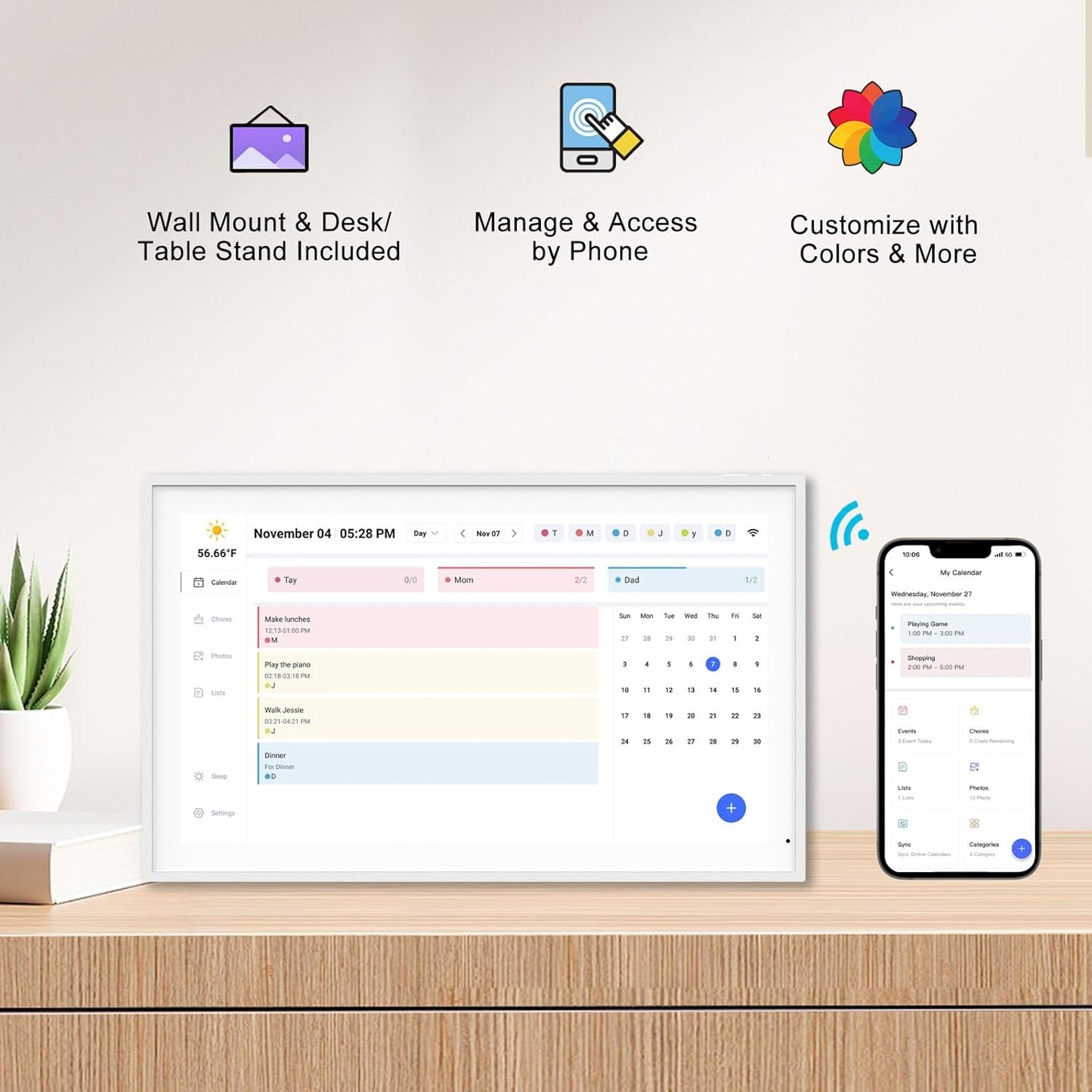 21.5 Inch Digital Calendar, Smart Electronic Calendar Planner & Chore Chart, IPS FHD 1920X1080 Wall Touch Screen Display for Family Schedules, Desk Stand Included, Wall Mountable - Share Photos/Videos