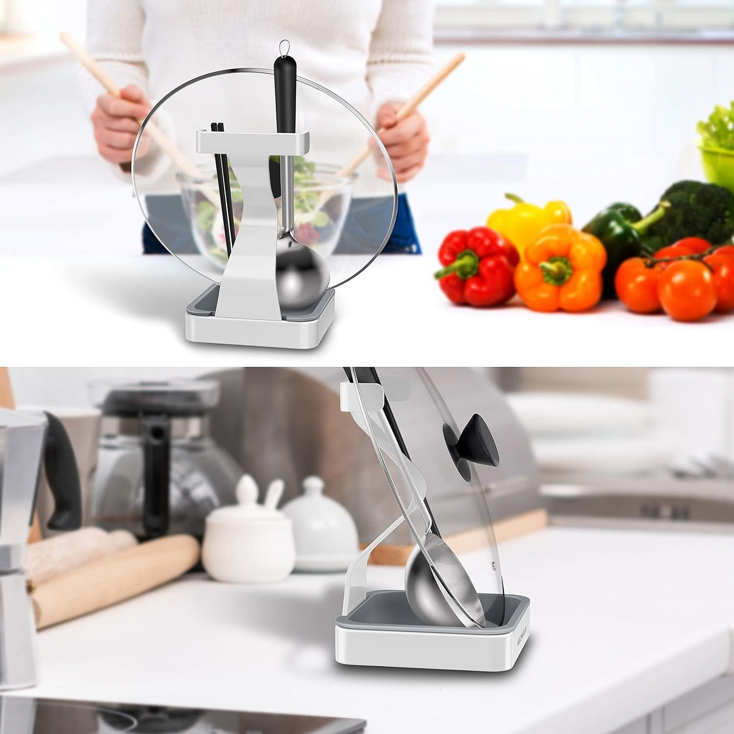 Pot Lid Holder, Pot Lid Organizer, Kitchen Organizer Rack Spoon Rest Rack Holder-Lid Stand for Utensils in Kitchen (White)