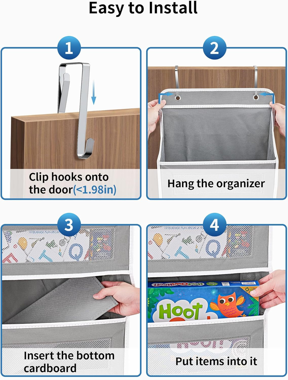 over the Door Organizer Storage, 5 Shelf Hanging Door Organizer with 5 Large Capacity Pockets, anti Tilt 44 Lb Load behind Door Storage for Bedroom, Bathroom, Pantry, Nursery, (Grey)