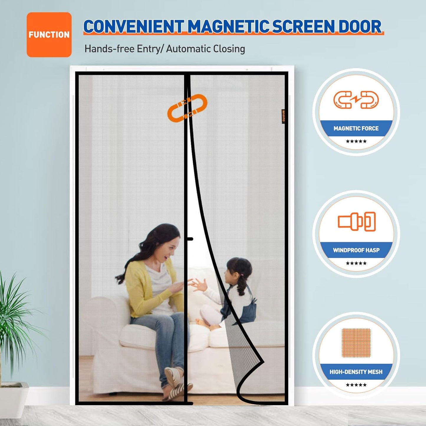 Magnetic Screen Door Fit Door Size 64 X 80 Inch, Screen Size 66" X 81" Strong Magnet French Style Mesh, Heavy Duty Fiberglass Mesh with Hook & Loop for Sliding Entrance, Gray