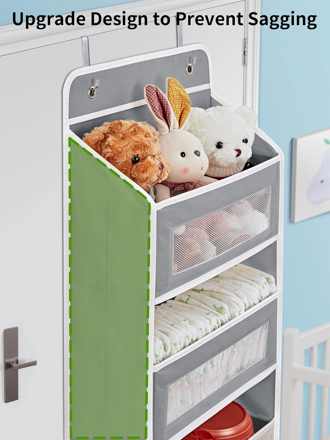 over the Door Organizer Storage, 5 Shelf Hanging Door Organizer with 5 Large Capacity Pockets, anti Tilt 44 Lb Load behind Door Storage for Bedroom, Bathroom, Pantry, Nursery, (Grey)
