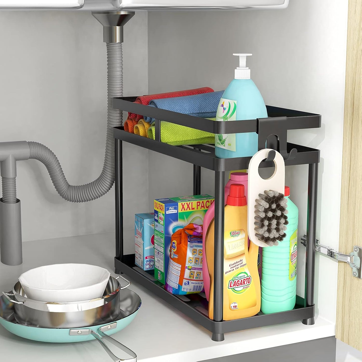 under Sink Organizer, 2 Tier Metal under Bathroom Sink Storage Baskets with Hooks, Self Adhesive Black under Sink Shelf Organizer for Bathroom Kitchen