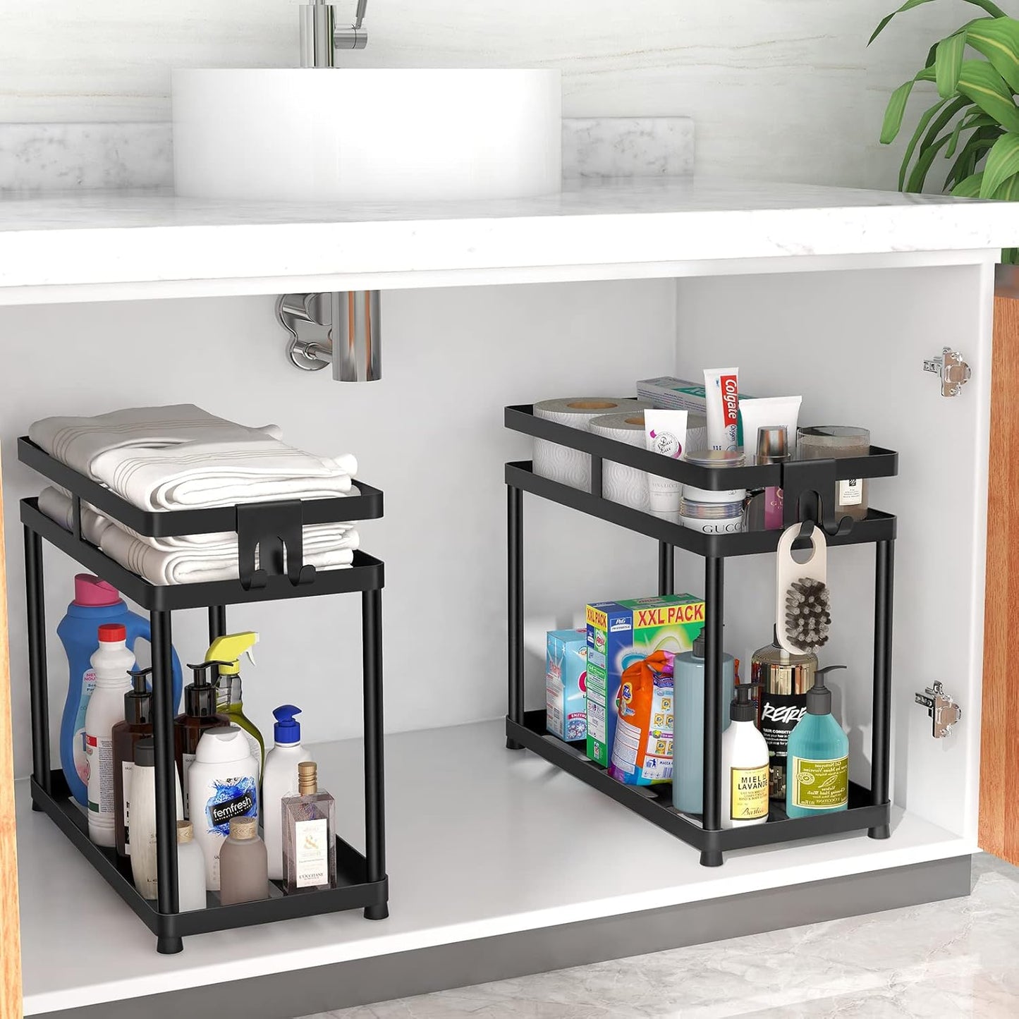under Sink Organizer, 2 Tier Metal under Bathroom Sink Storage Baskets with Hooks, Self Adhesive Black under Sink Shelf Organizer for Bathroom Kitchen