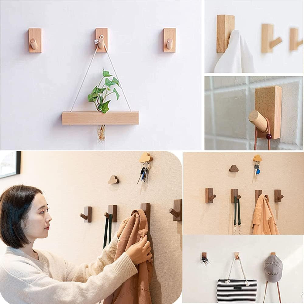 Wood Wall Hooks, 3 Pack Natural Wooden Coat Hooks Wall Mounted, Rustic Wooden Hooks Handmade Craft Hat Rack Hat Hanger, Wall Hooks for Hanging Bathroom Towels Clothes Hanger. (Black Walnut)
