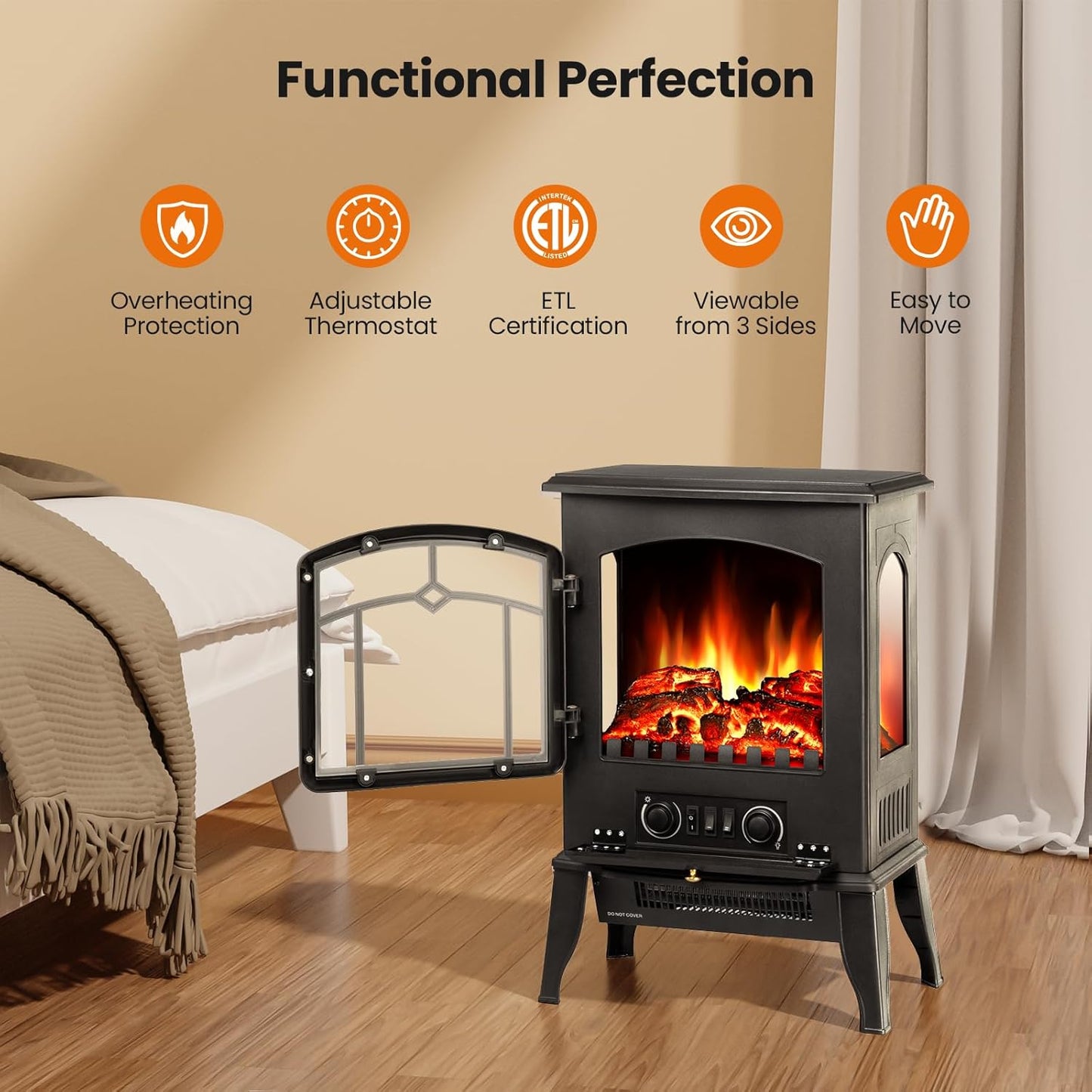 Electric Fireplace Stove,1500W Infrared Fireplace Heater with 3D Realistic Flame,Overheating Protection,16Inch Portable Freestanding Electric Fireplace for Indoor Use