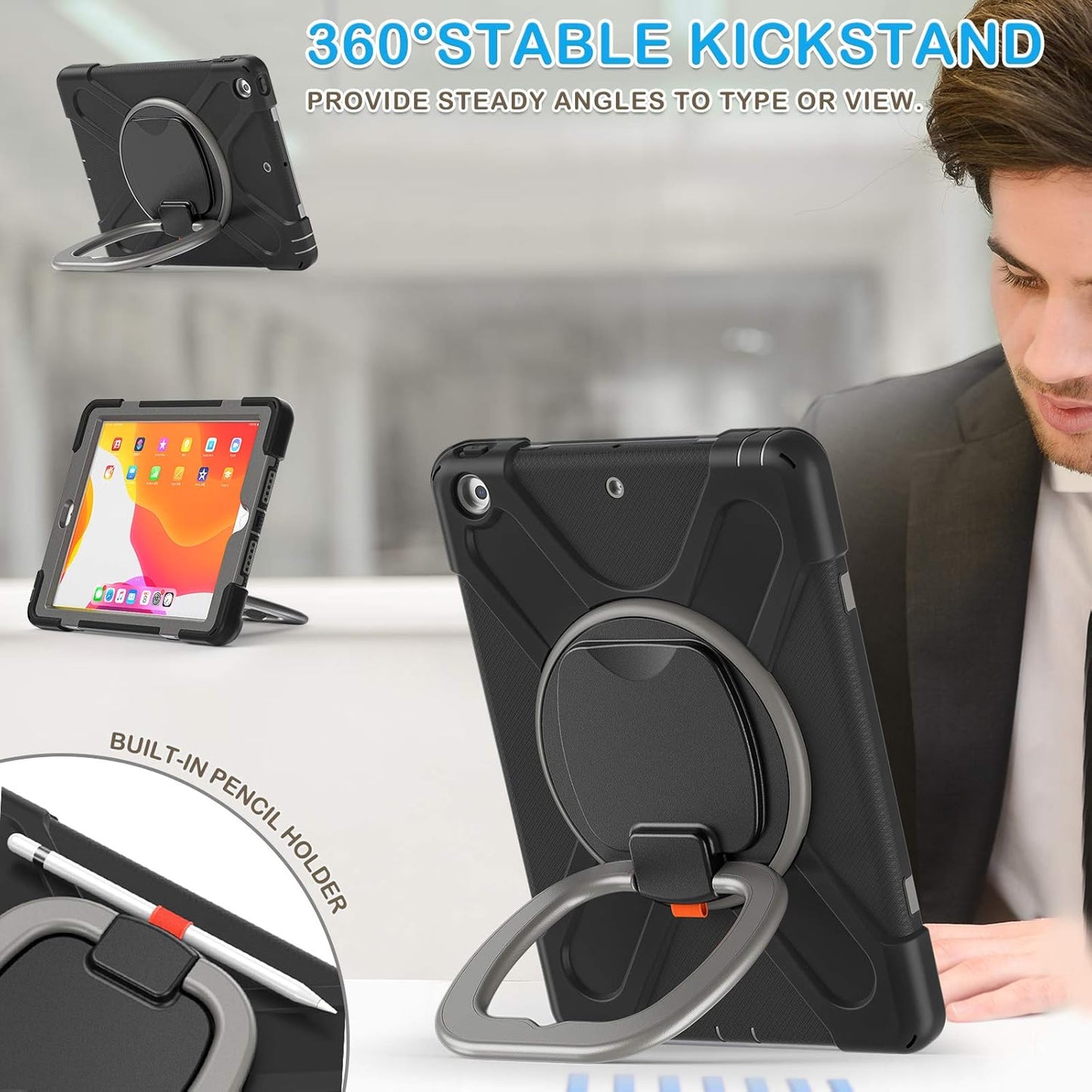 for Ipad 9Th/ 8Th/ 7Th Generation Case (Ipad 10.2 Inch Rugged Case 2021/2020/2019) with Screen Protector, Rotating Stand/Pencil Holder/Carrying Shoulder Strap (Black+Grey)