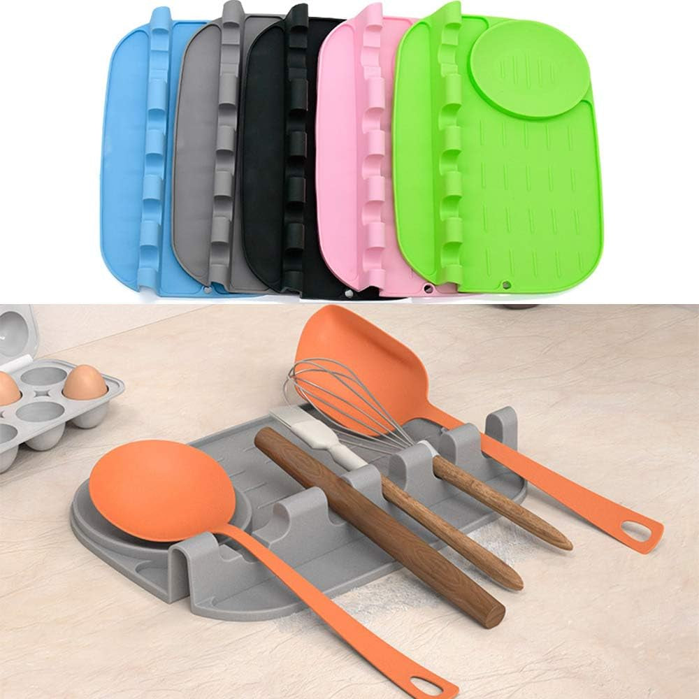 FUNAME 2 in 1 Silicone Spoon Rest, Multiple Utensil Rest W/Drip Pad 4 Slots & 1 Spoon Holder for Kitchen Counter Stove Top, Heat-Resistant Easy Clean Non-Slip for Spatulas, Ladles, Tongs & More (Gray)