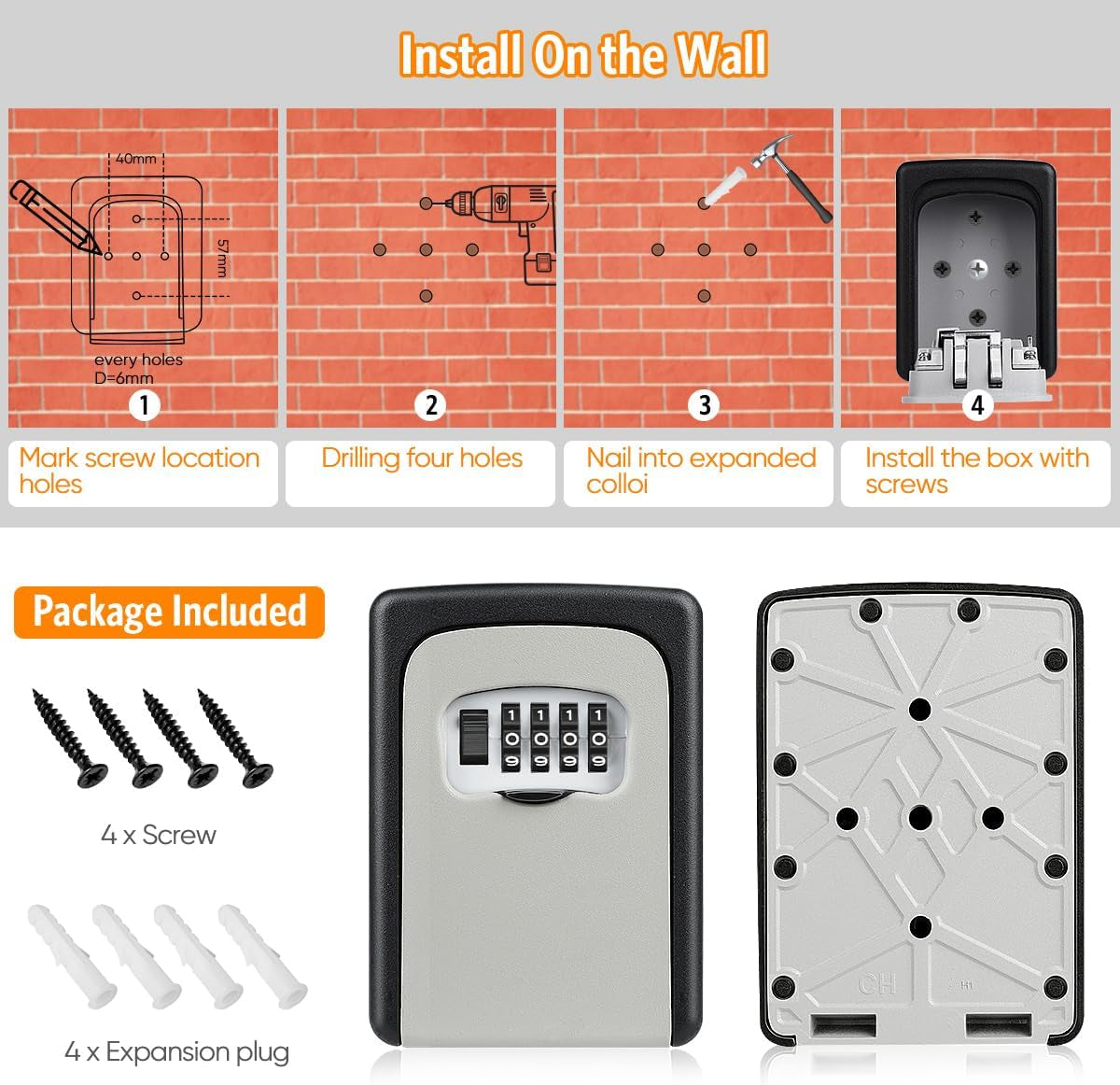 Key Lock Box Wall Mounted, 4 Digit Combination Lockbox for Outside, House Keys - 5 Keys Capacity, Key Safe Security Storage Lock Box for Indoor, Outdoor, Garage, Garden, Store (Grey, 1Pack)