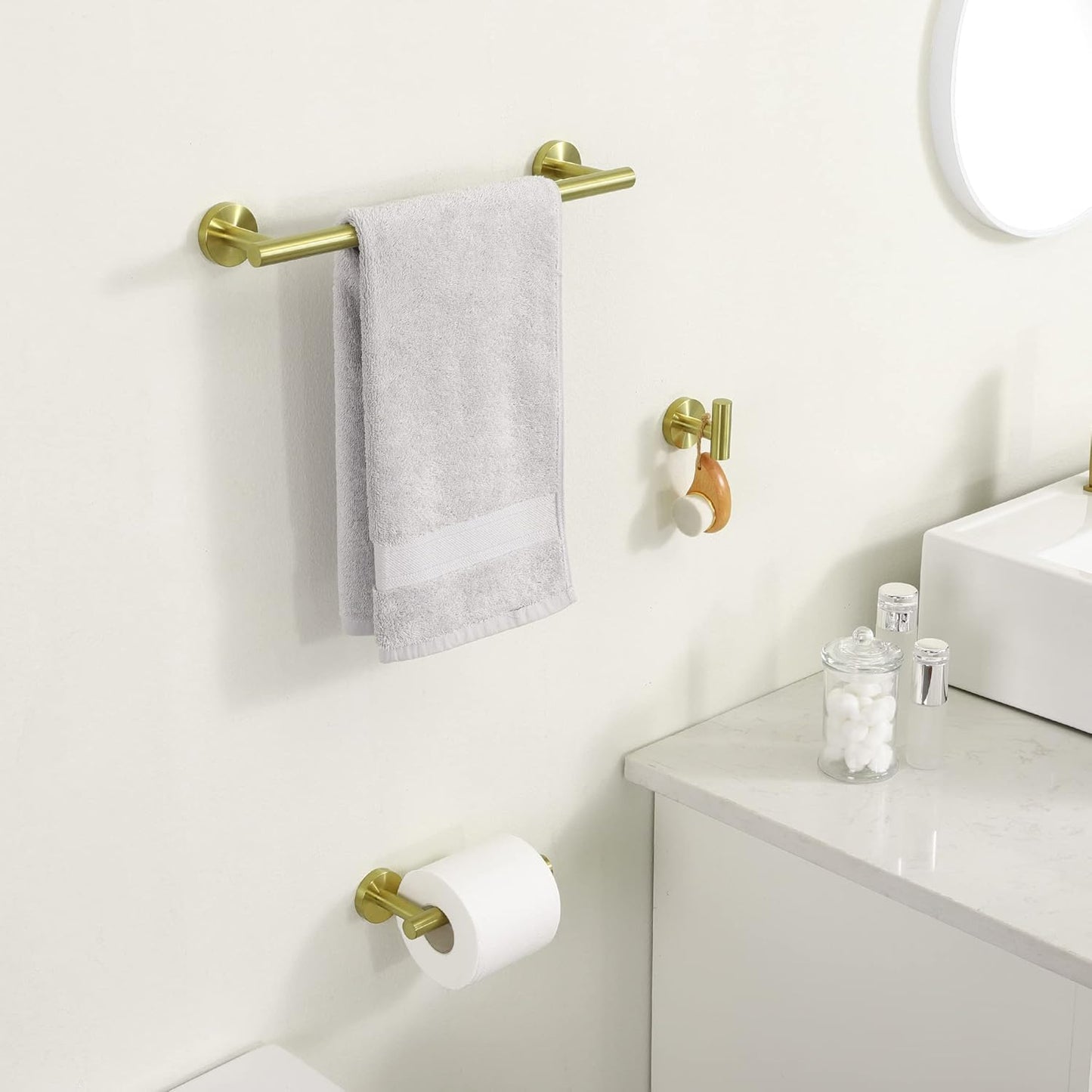 Bathroom Hardware Set SUS 304 Stainless Steel 3-Pieces 16 Inch Towel Bar Toilet Paper Holder Towel Hook Brushed Gold Finish, LA20BZ-32
