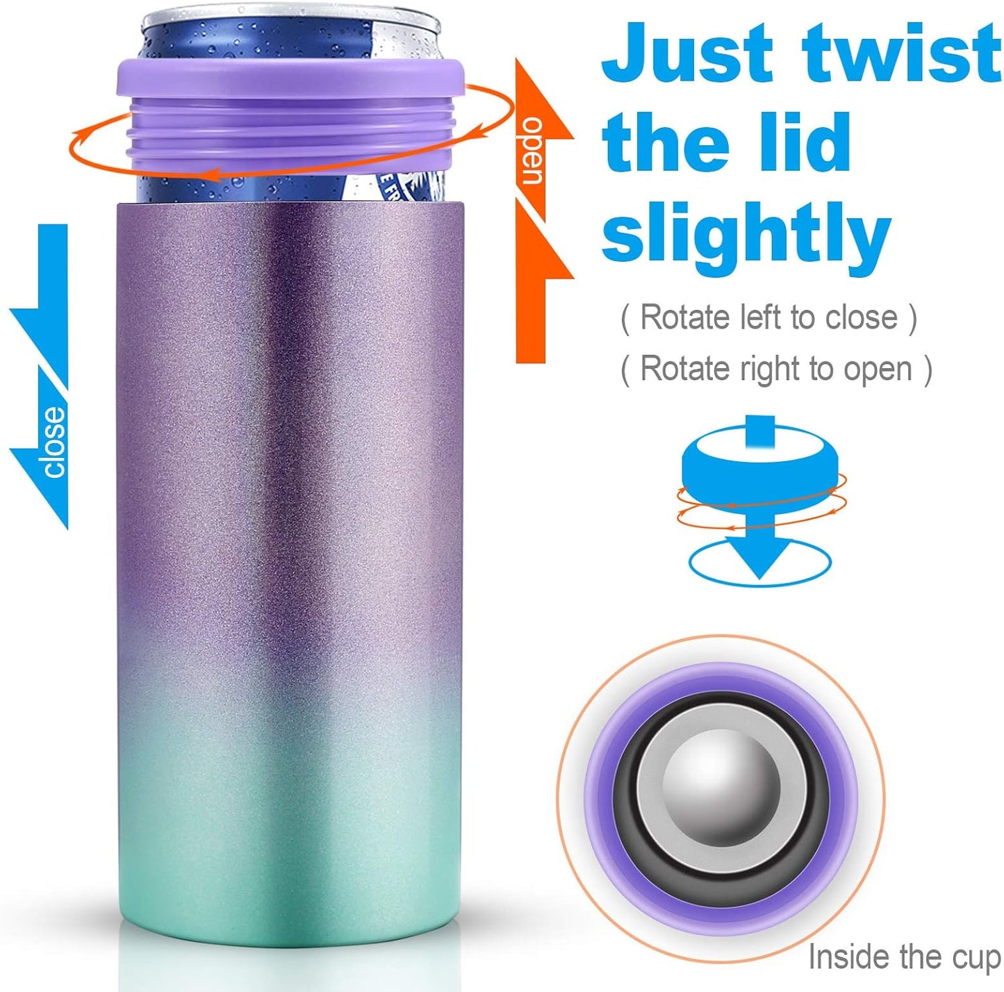 Insulated Can Cooler for 12 Oz Slim Cans,(1 Pack) Double-Walled Vacuum Stainless Steel Can,For Beer/Soda/Beverage/Energy Drinks Can Cooler Keeper-Purple Green
