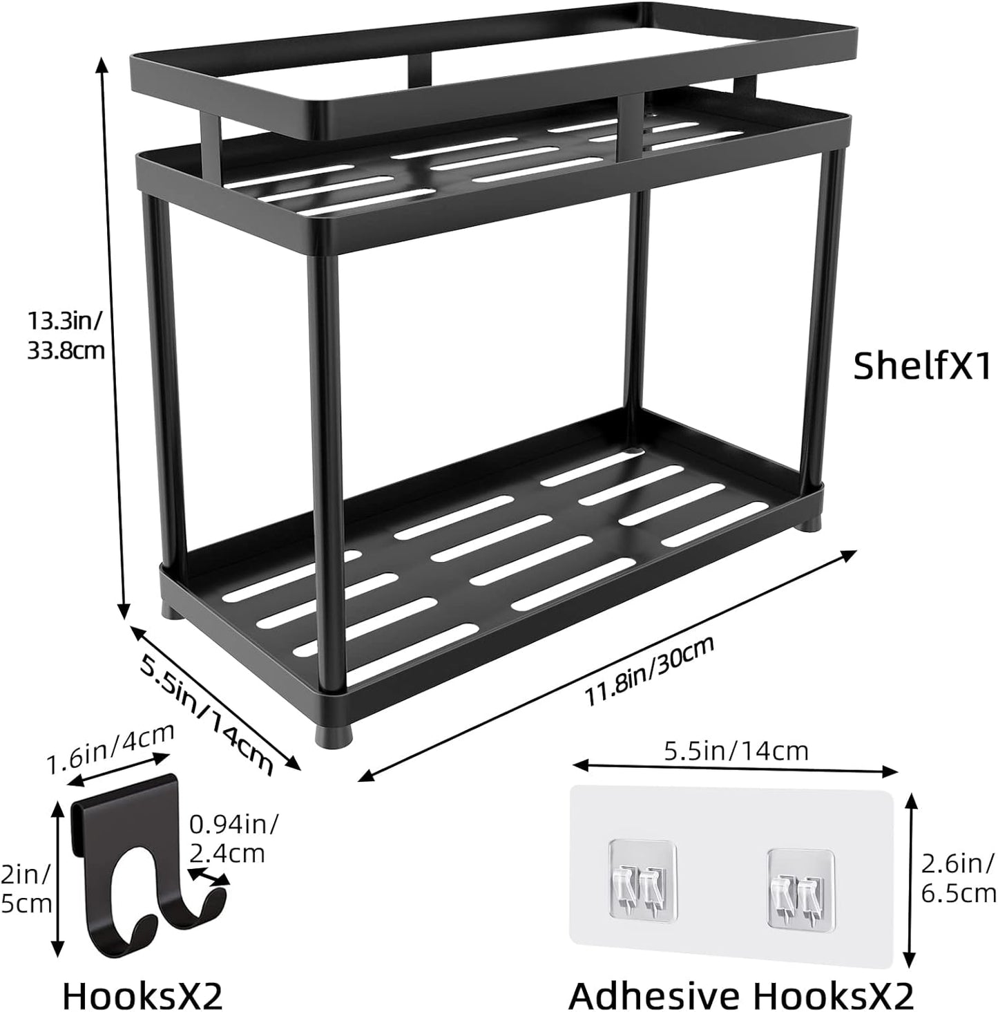 under Sink Organizer, 2 Tier Metal under Bathroom Sink Storage Baskets with Hooks, Self Adhesive Black under Sink Shelf Organizer for Bathroom Kitchen